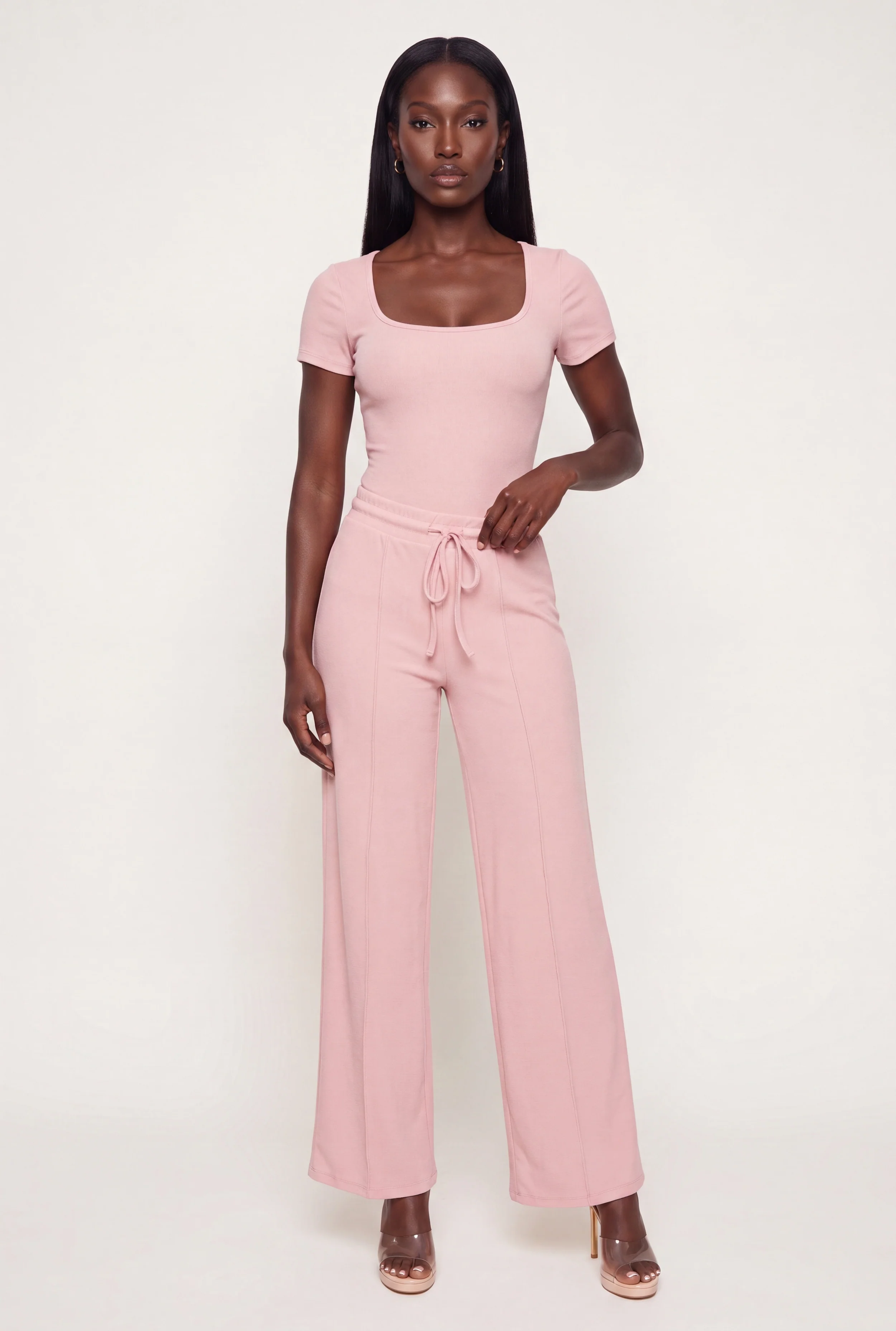 Pintuck Detail Drawstring Waist Wide Leg Pants