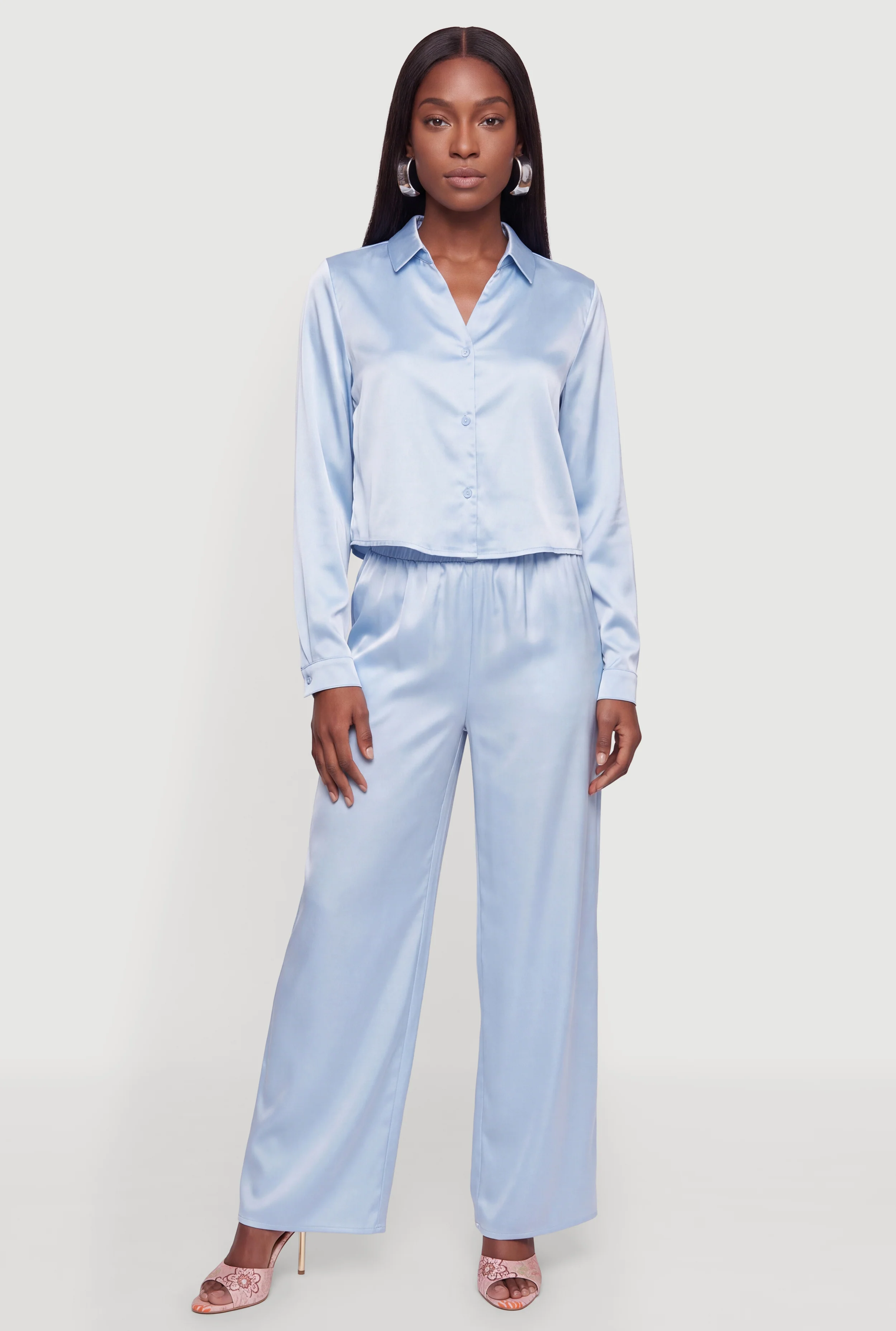 Satin High Waisted Wide Leg Pull On Pants
