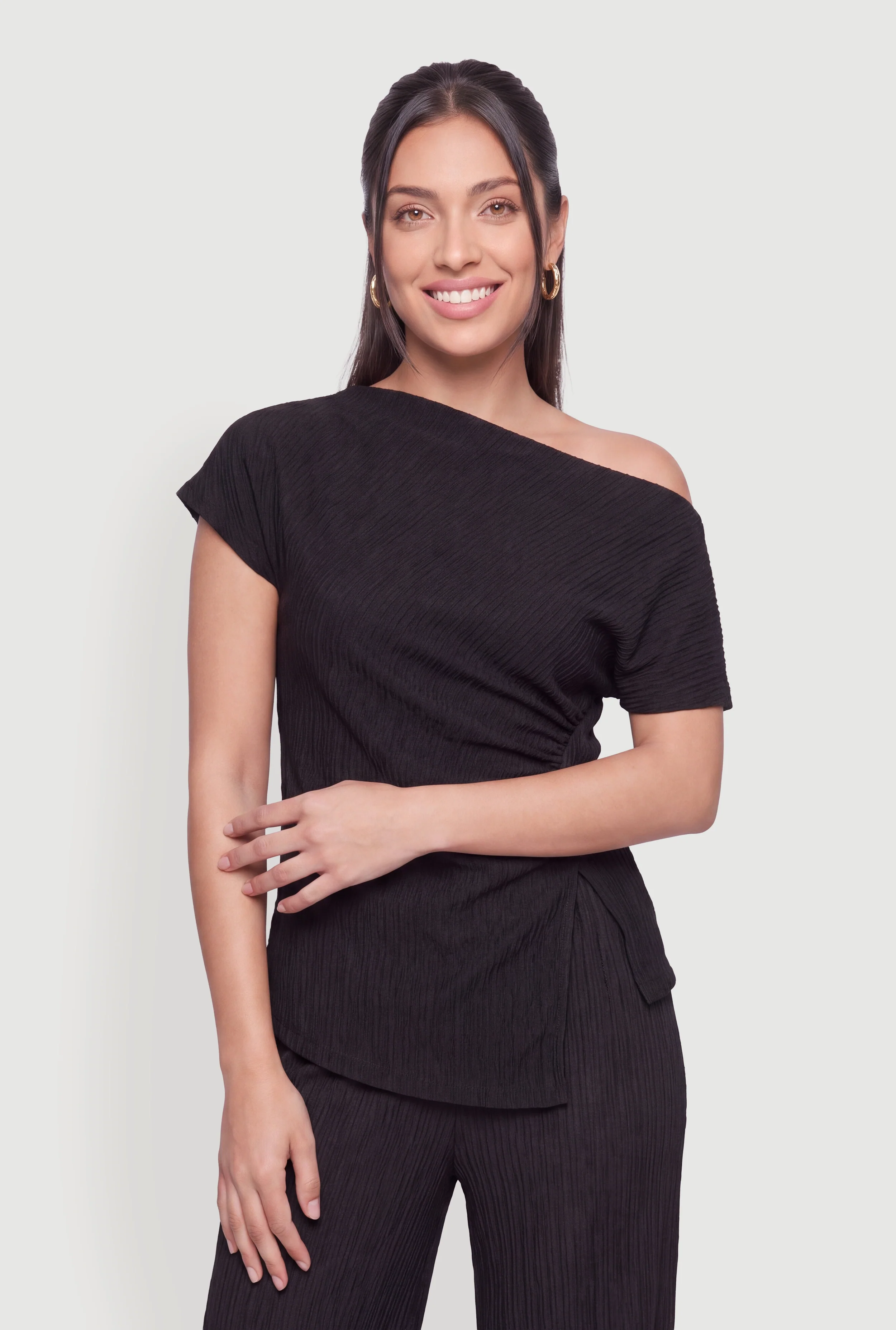 Textured Knit One Shoulder Side Ruched Blouse