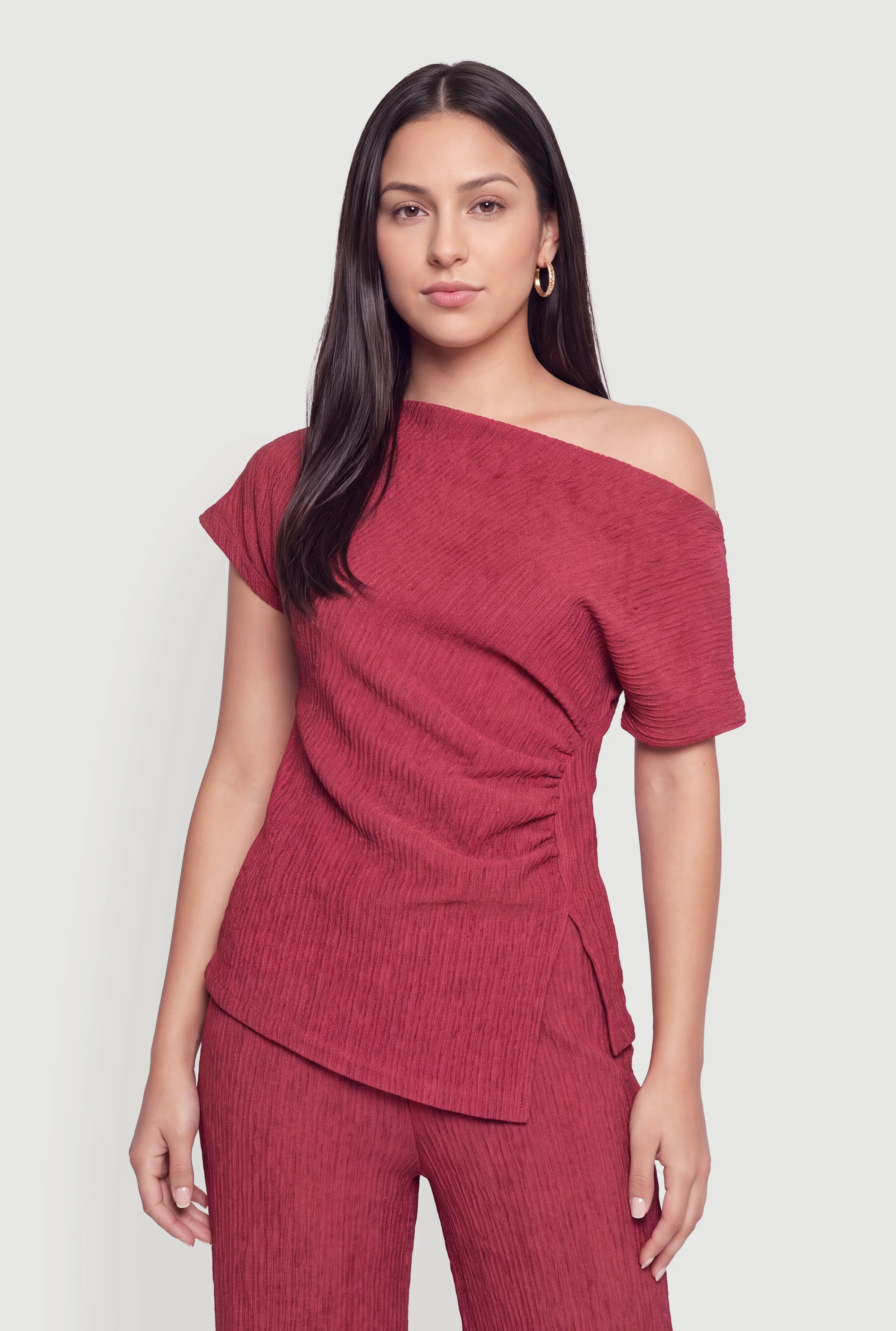 Textured Knit One Shoulder Side Ruched Blouse
