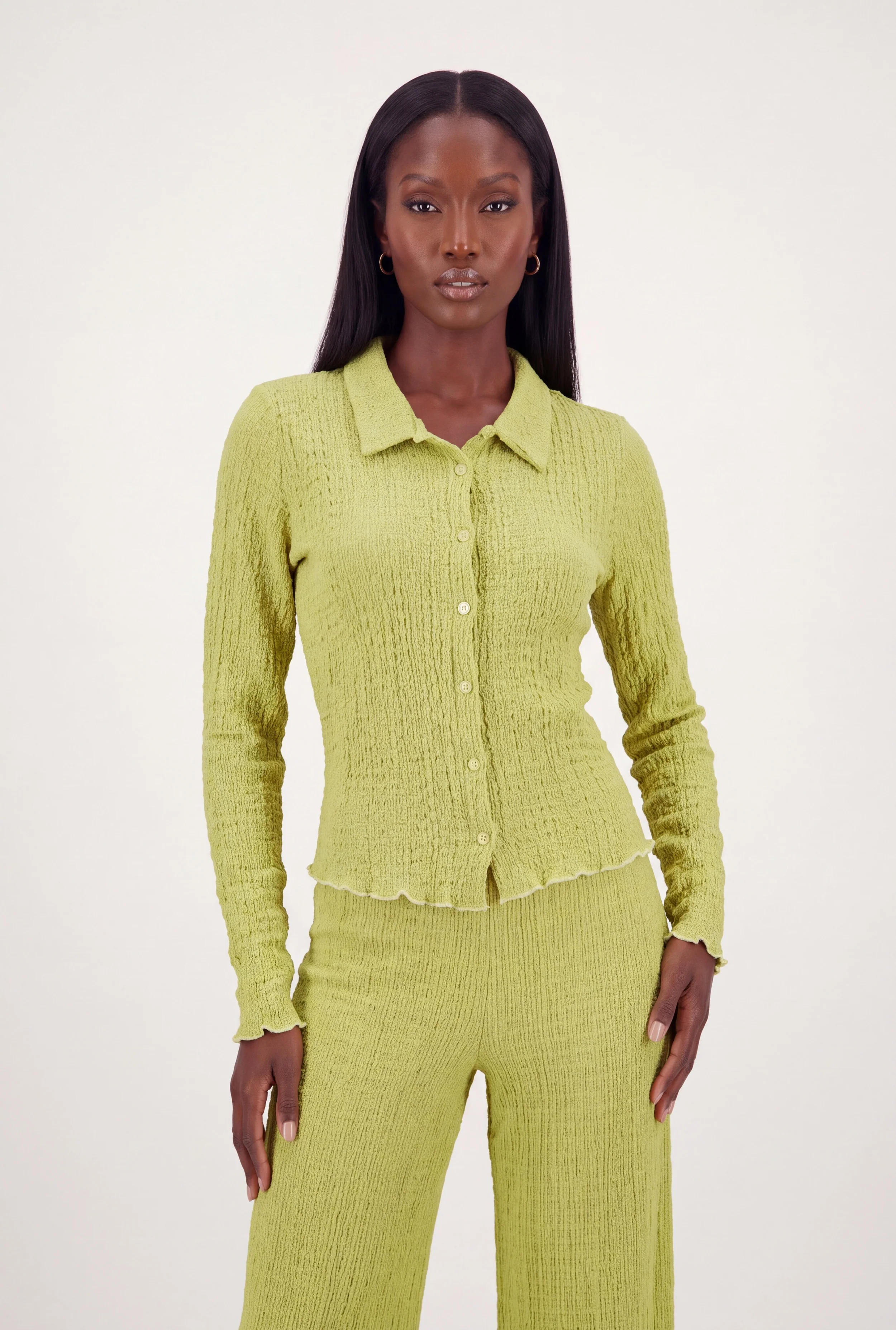 Lettuce Edge Textured Knit Button Front Shirt