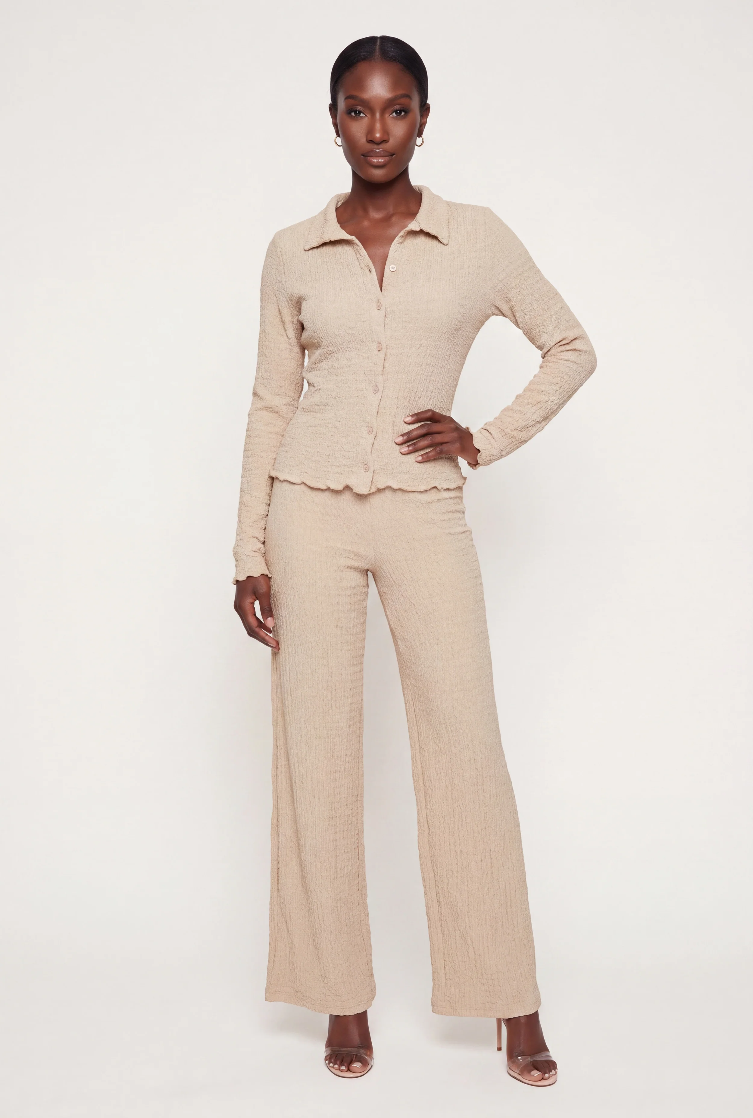 Pull On Textured Knit Wide Leg Pants