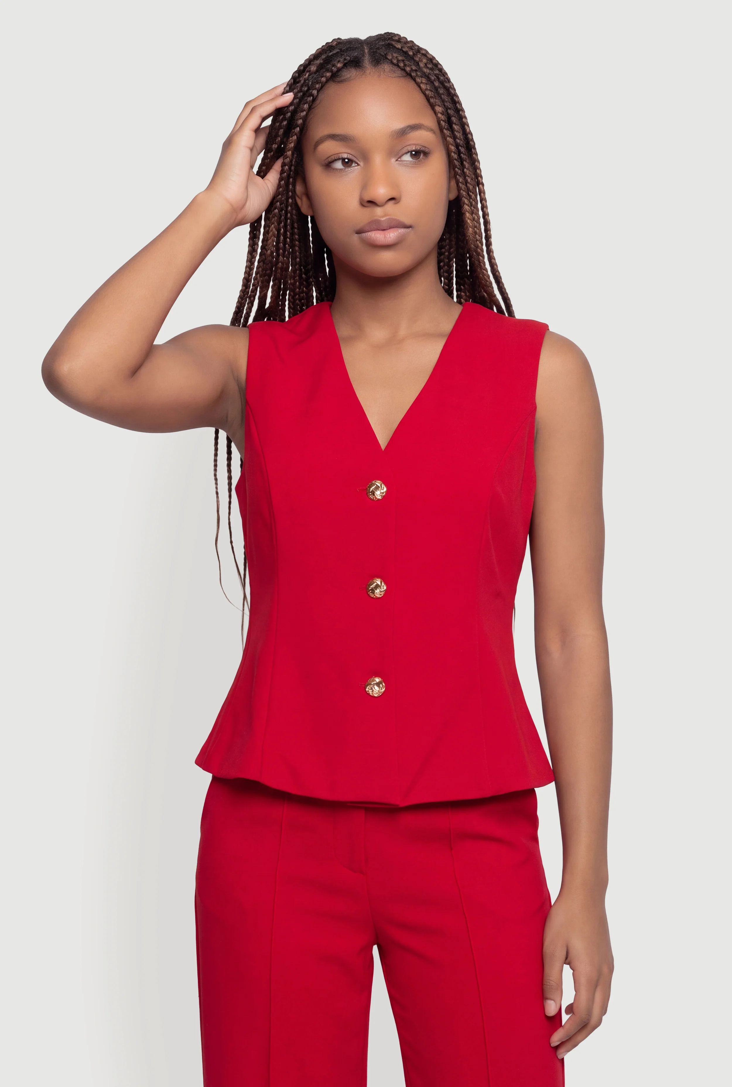 Crepe Knit V-Neck Metallic Button Front Blazer Vest