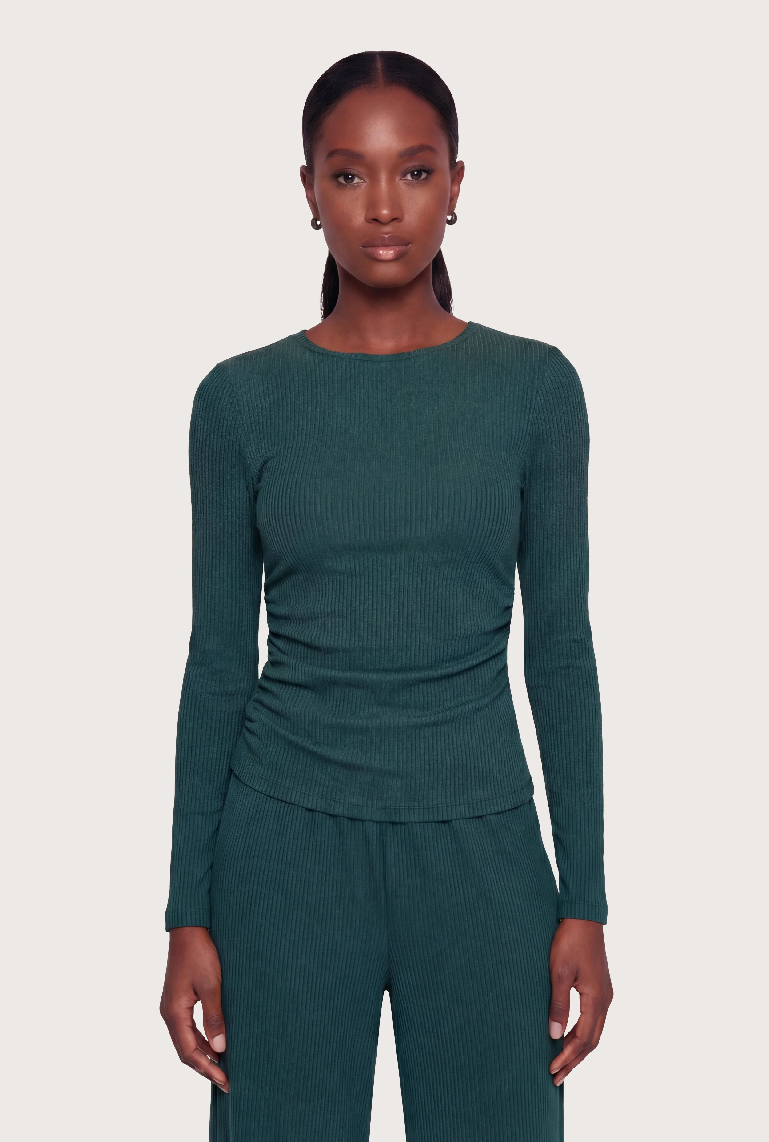 Ribbed Knit Side Ruched Long Sleeve Blouse