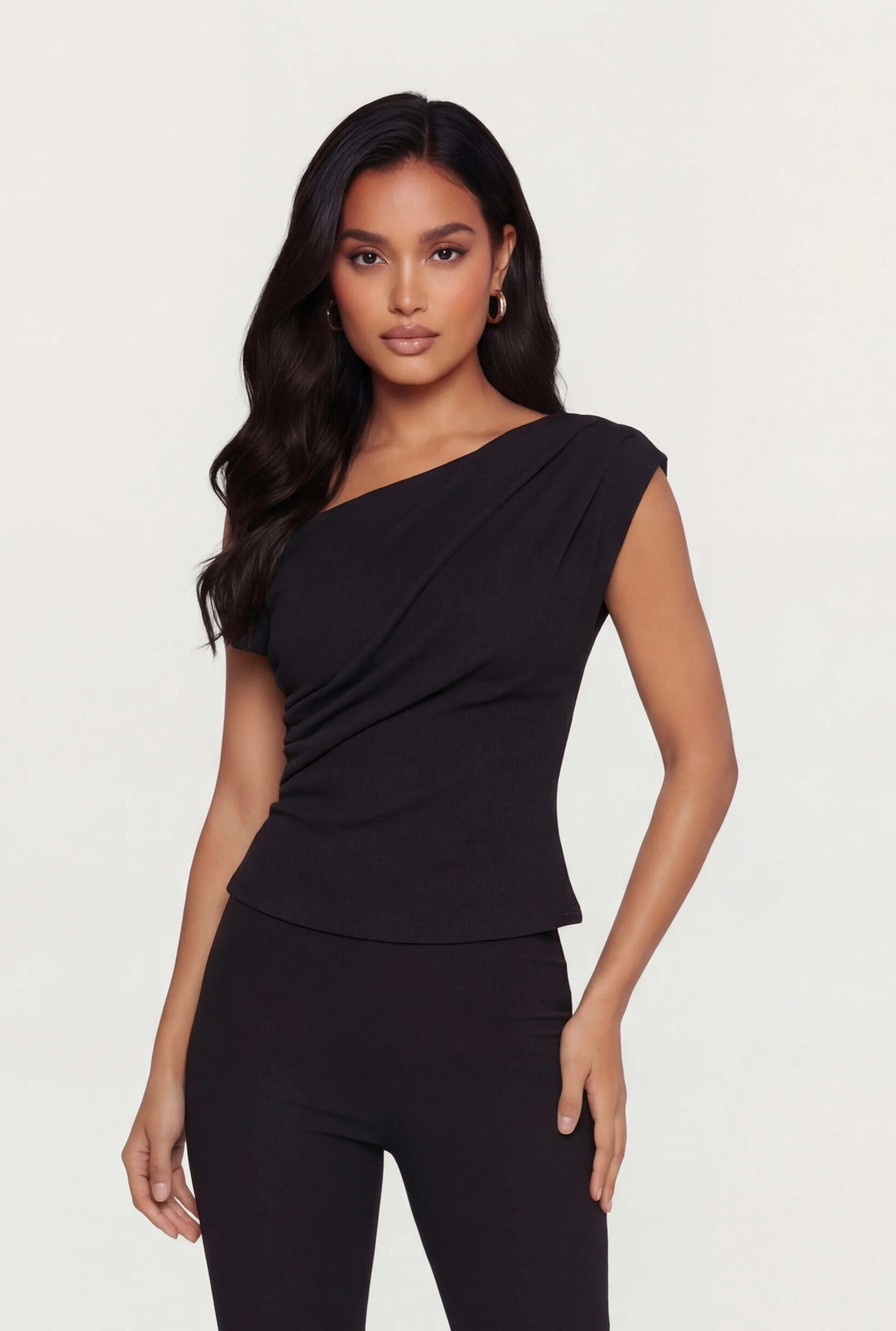 One Shoulder Cap Sleeve Textured Knit Blouse