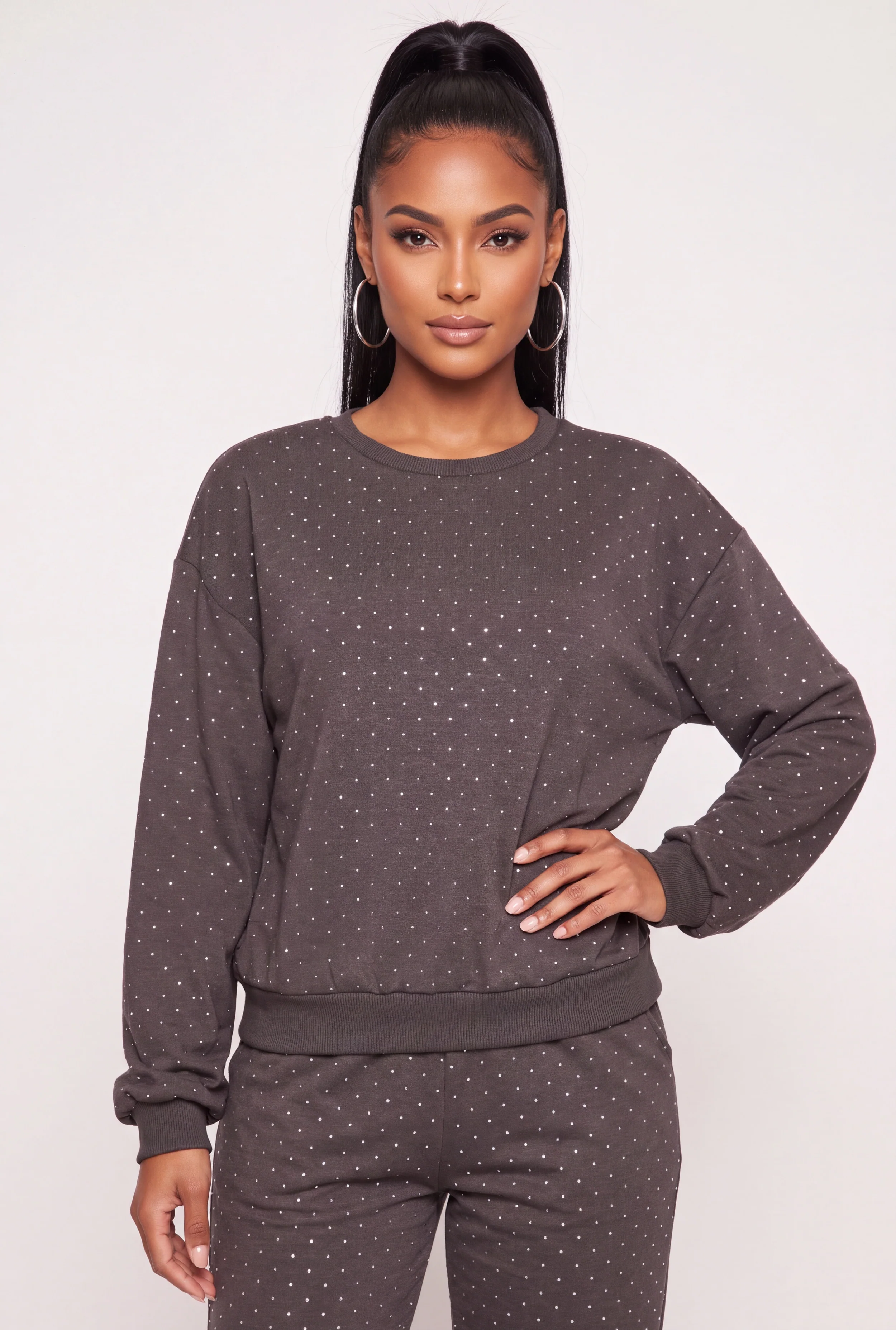 Rhinestone Drop Shoulder Fleece Lined Sweatshirt