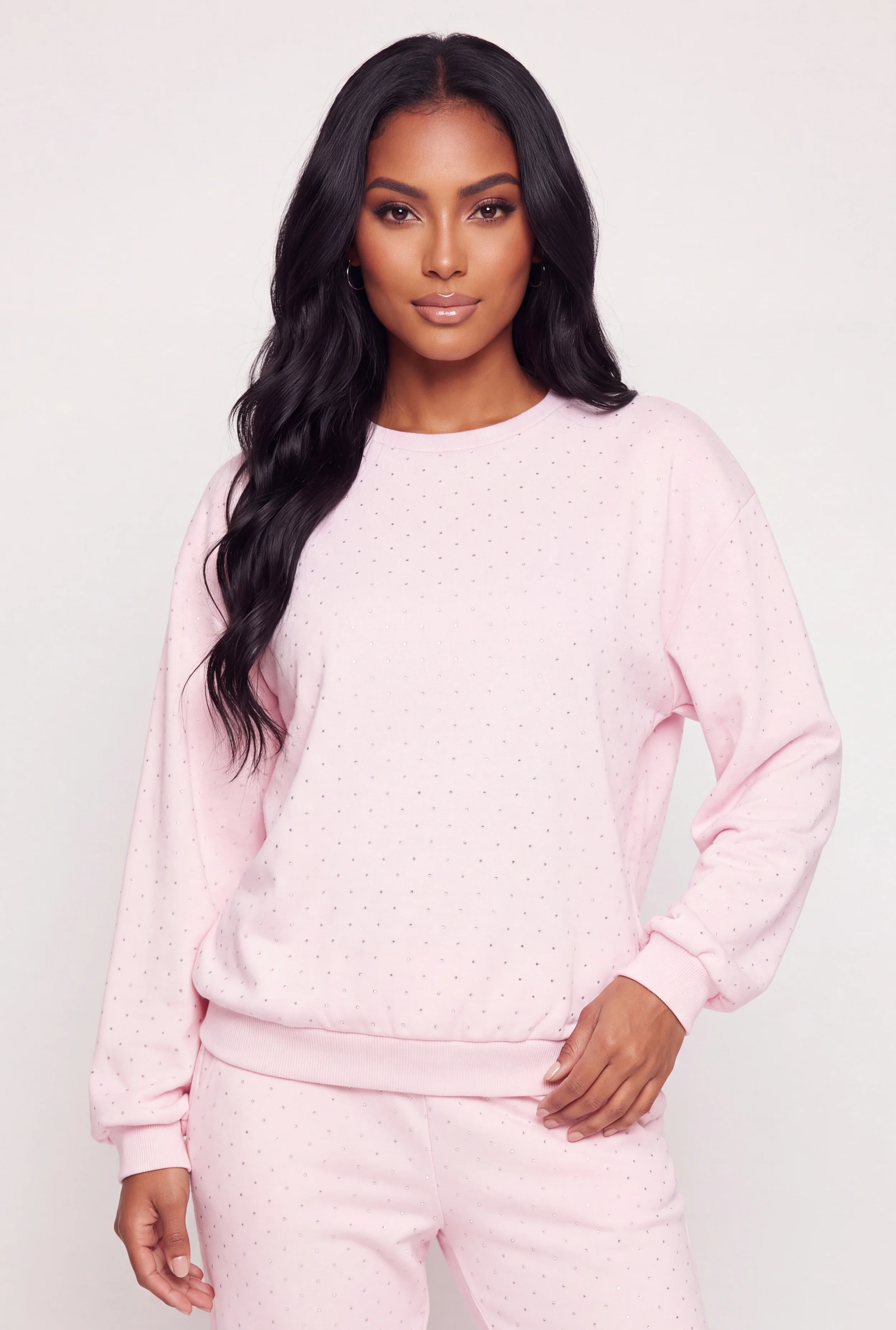Rhinestone Drop Shoulder Fleece Lined Sweatshirt
