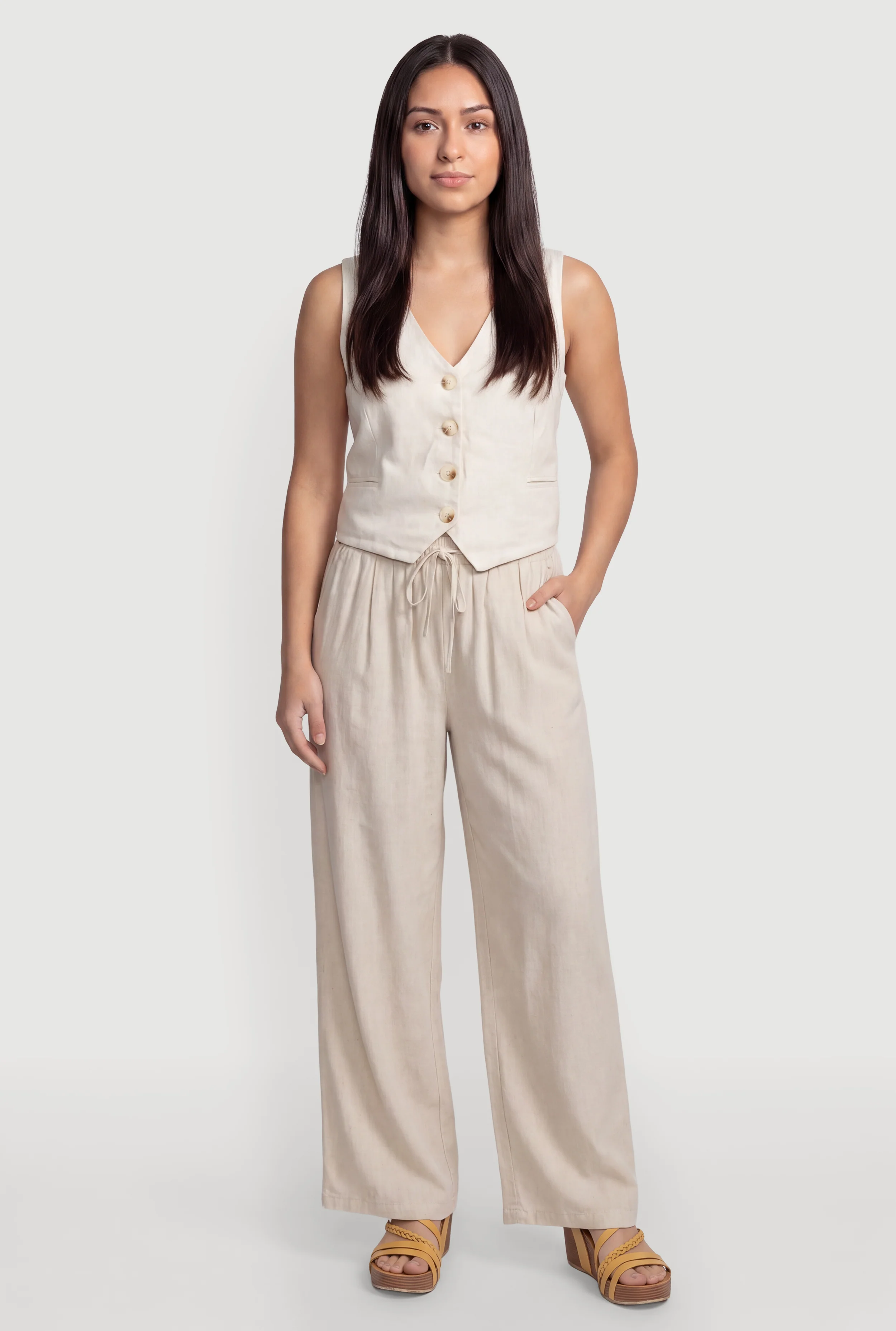 Linen Drawstring Waist Wide Leg Pants