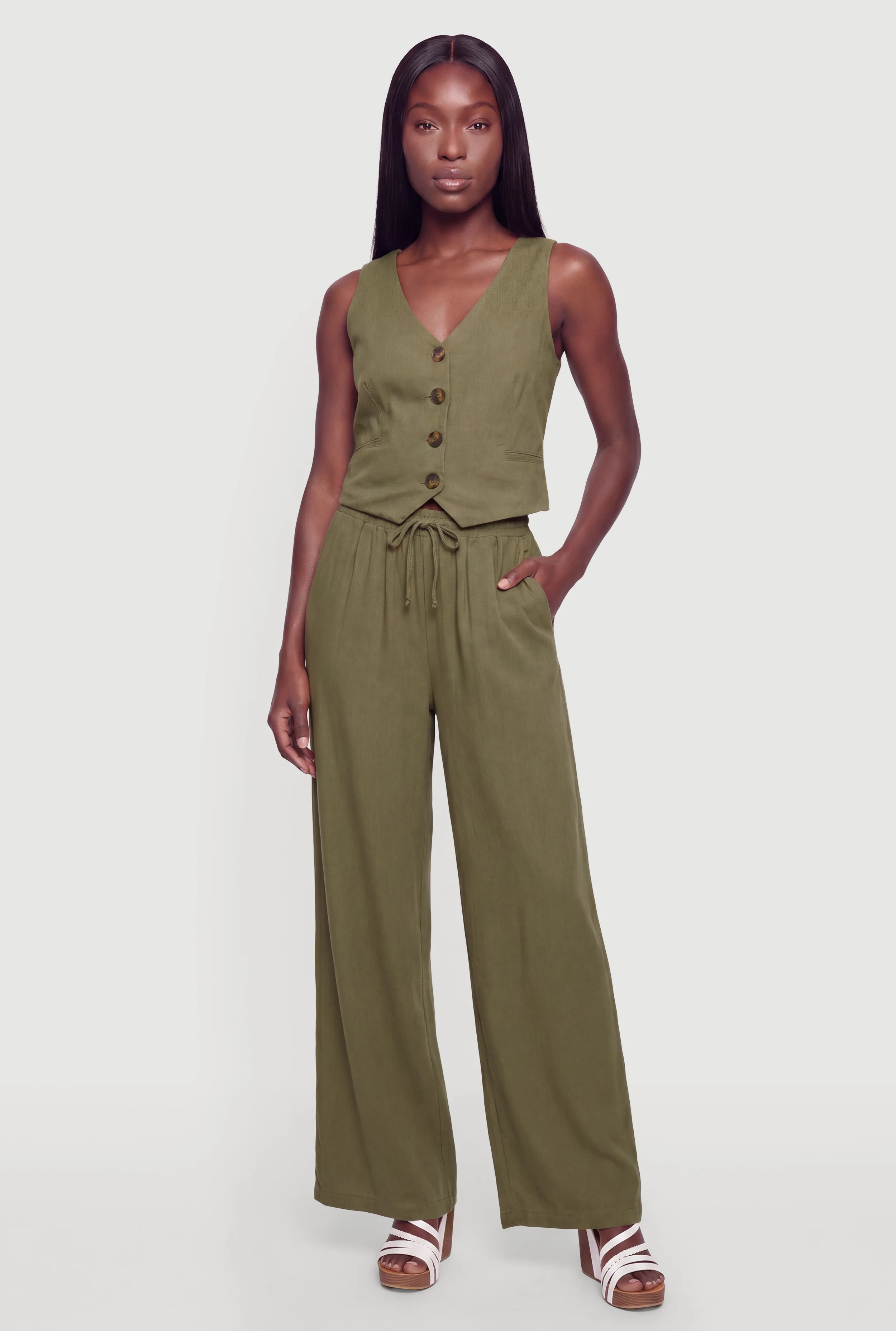 Linen Drawstring Waist Wide Leg Pants