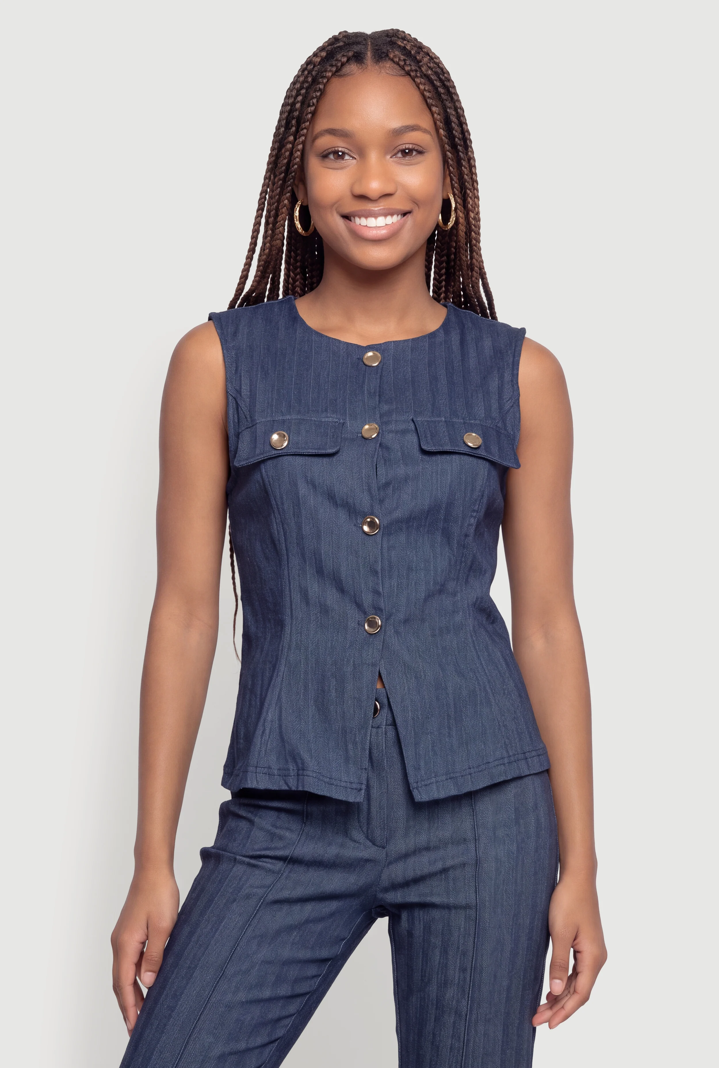 Herringbone Button Front Blazer Vest with Flap Pockets