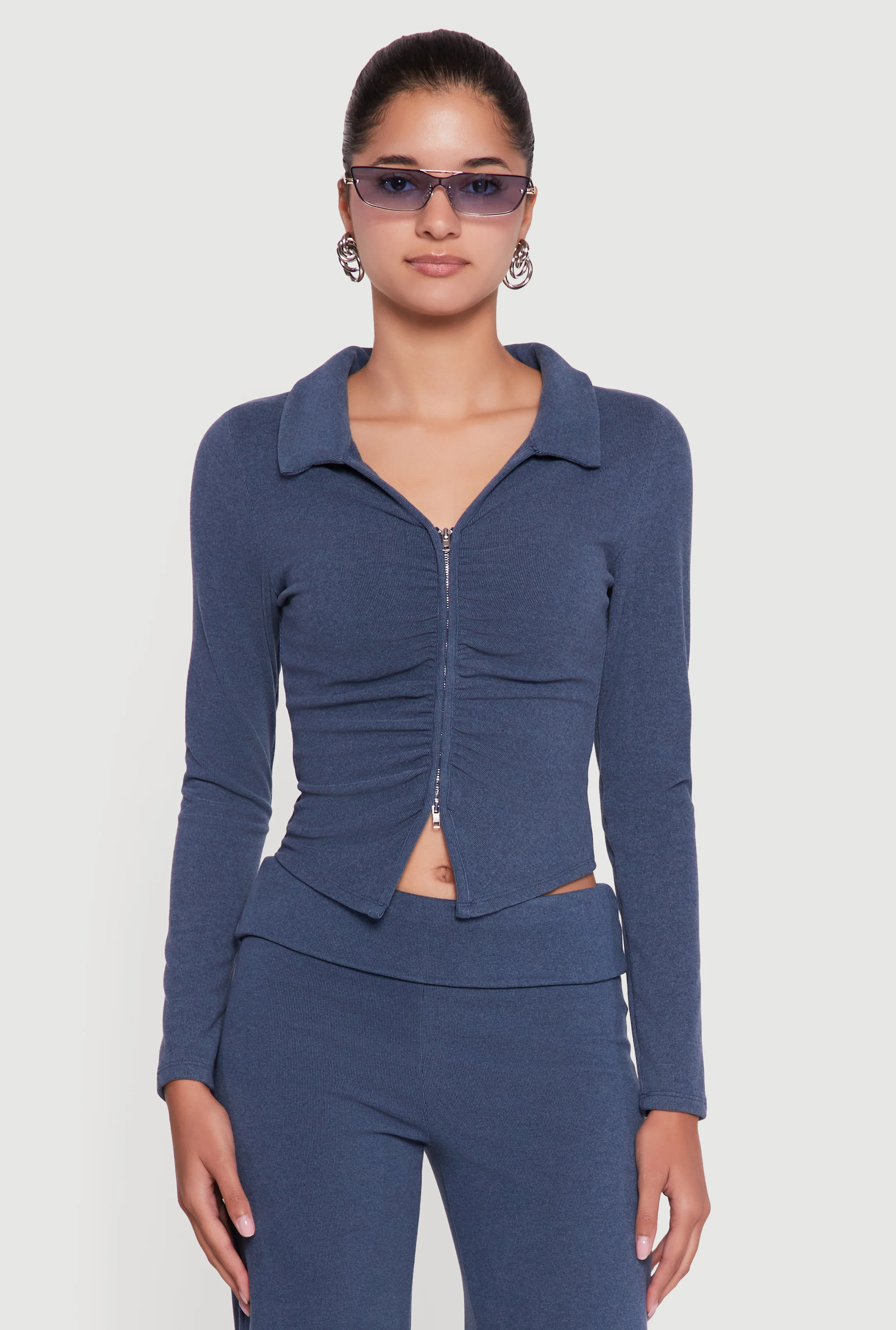 Brushed Rib Knit Ruched Double Zip Front Crop Top