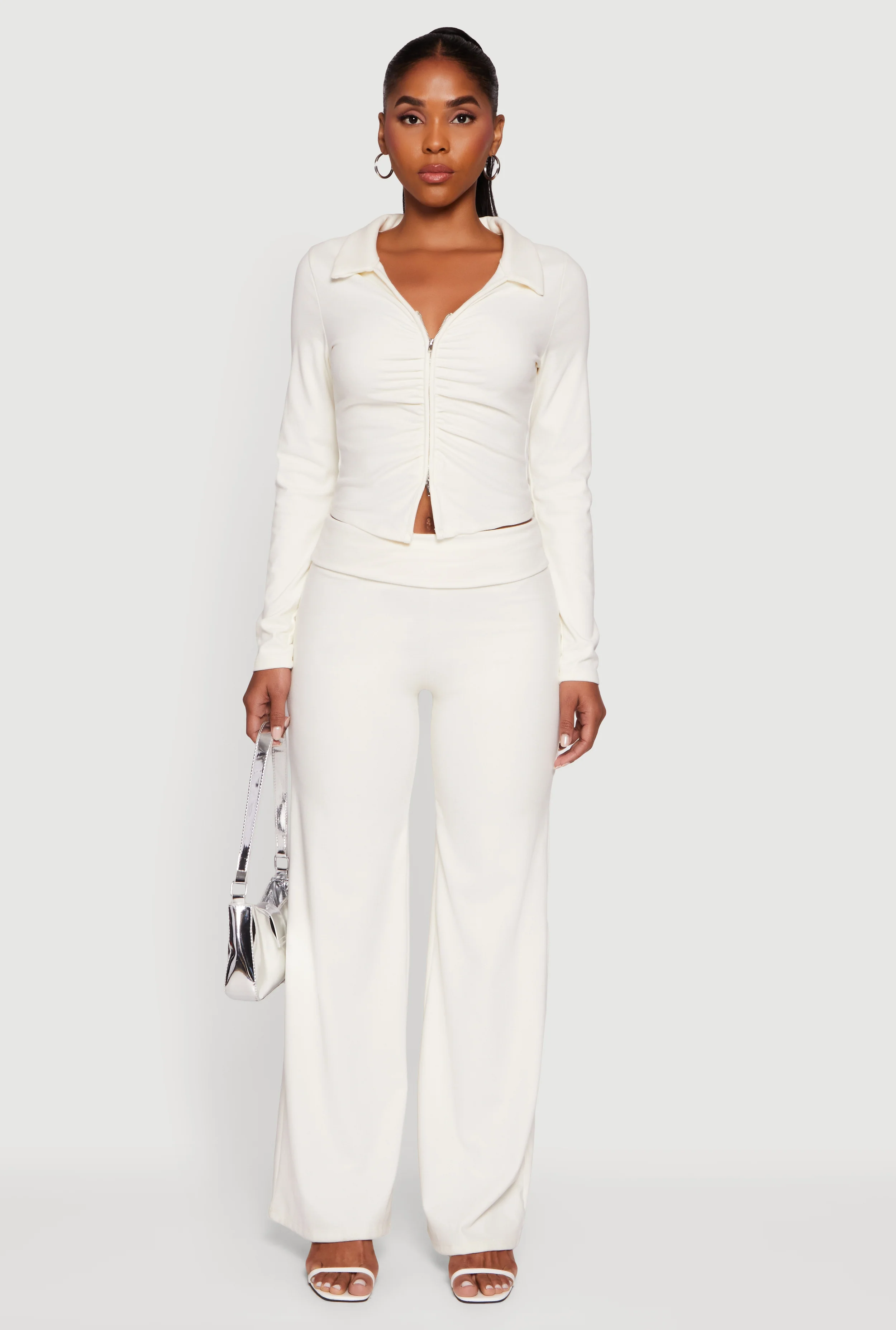 Brushed Ribbed Knit Fold Over Flare Pants