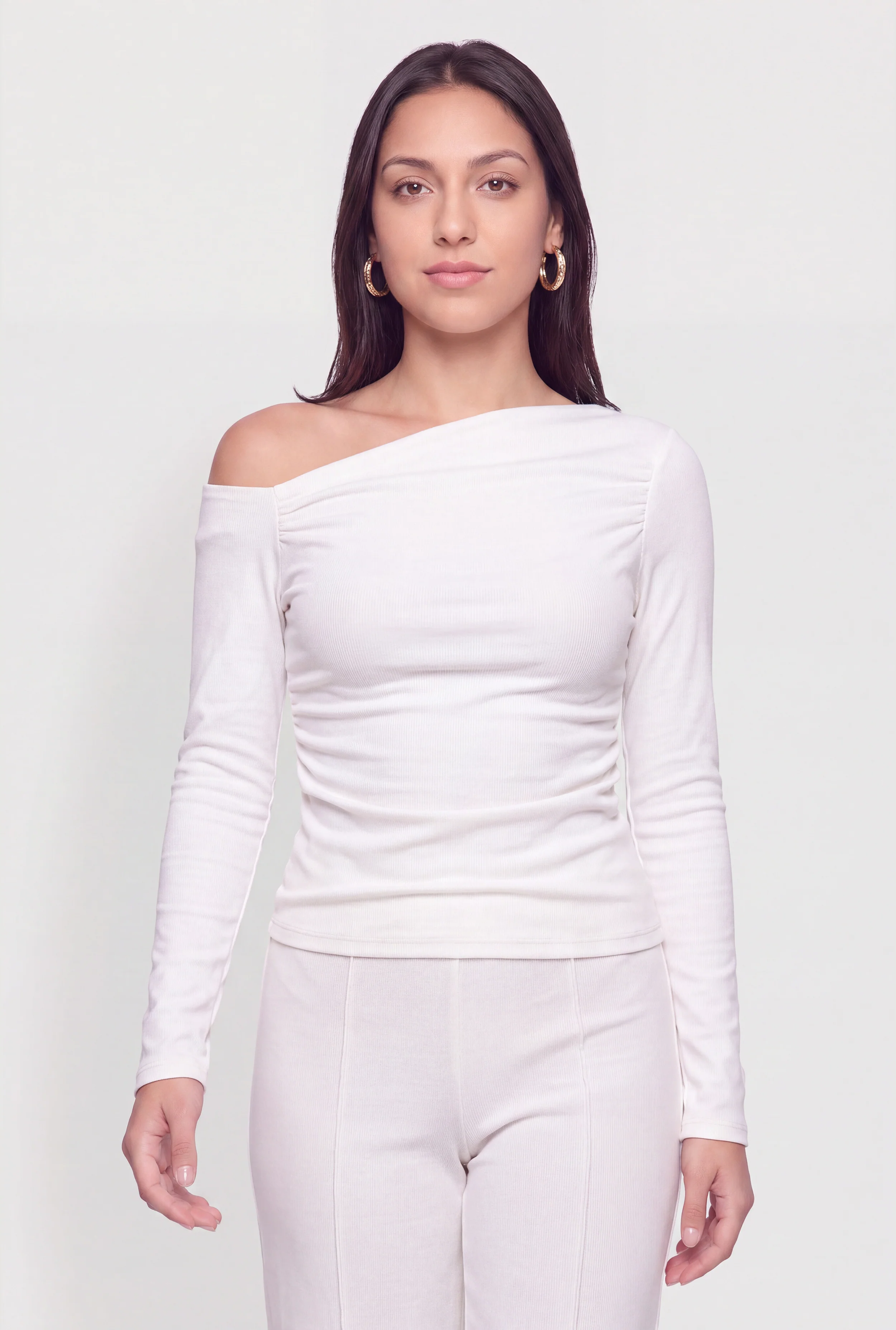 Brushed Knit One Shoulder Side Ruched Blouse