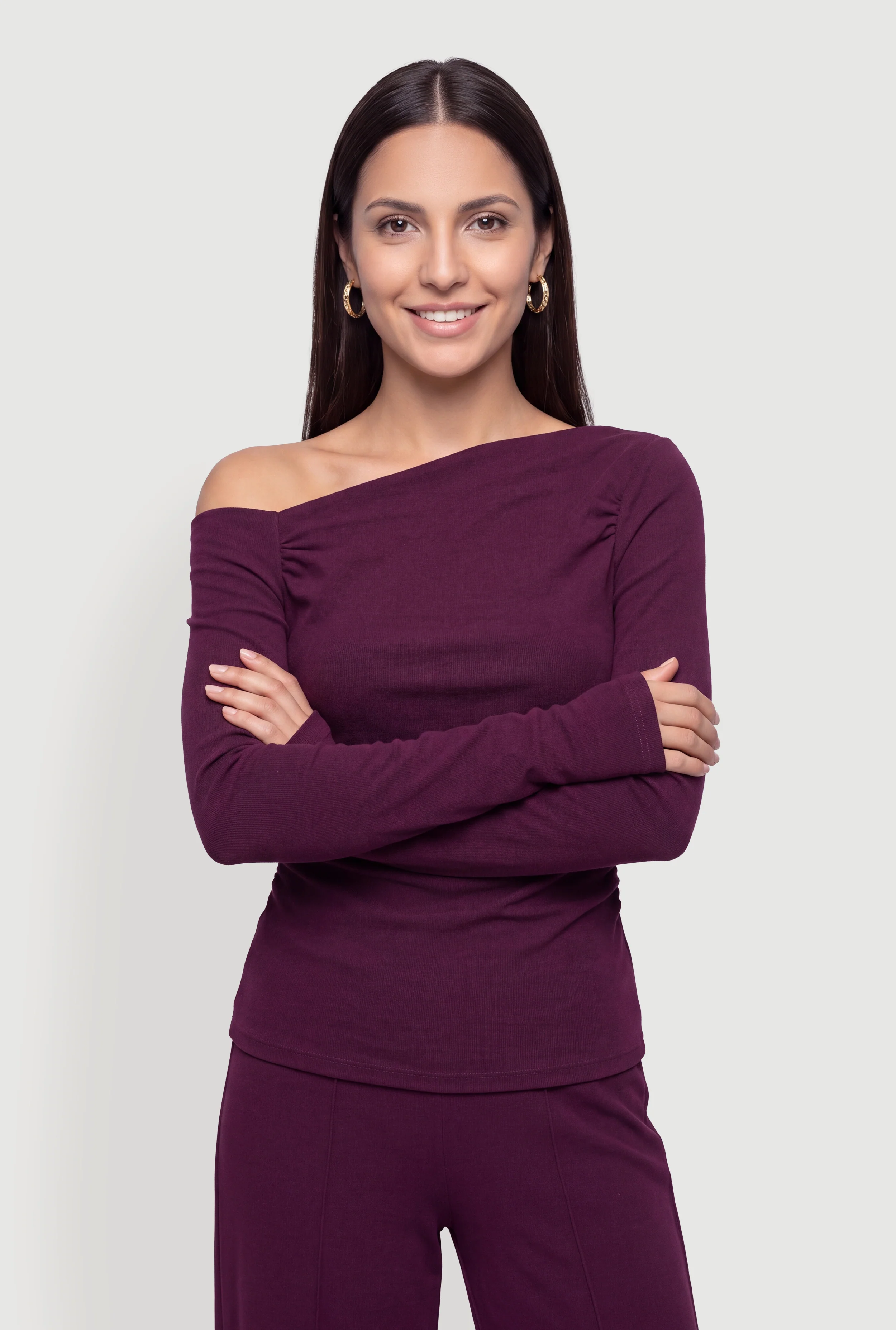 Brushed Knit One Shoulder Side Ruched Blouse