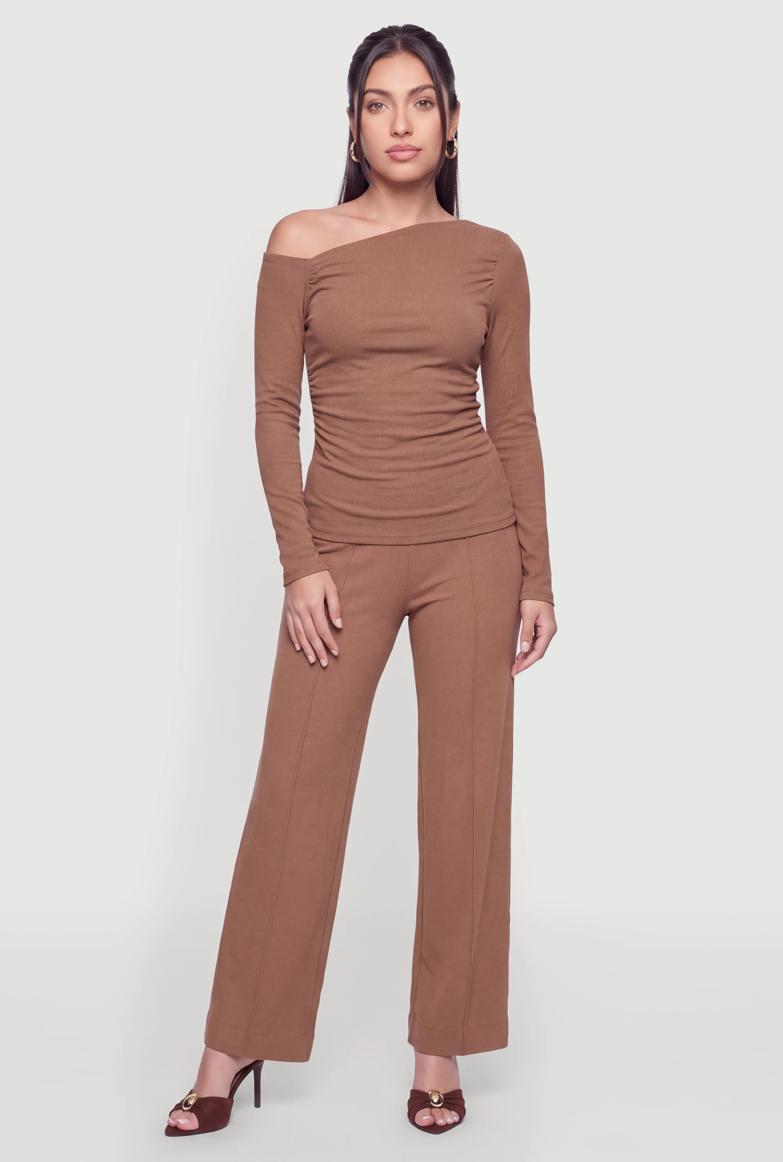 Brushed Knit Pintuck Detail Wide Leg Dress Pants