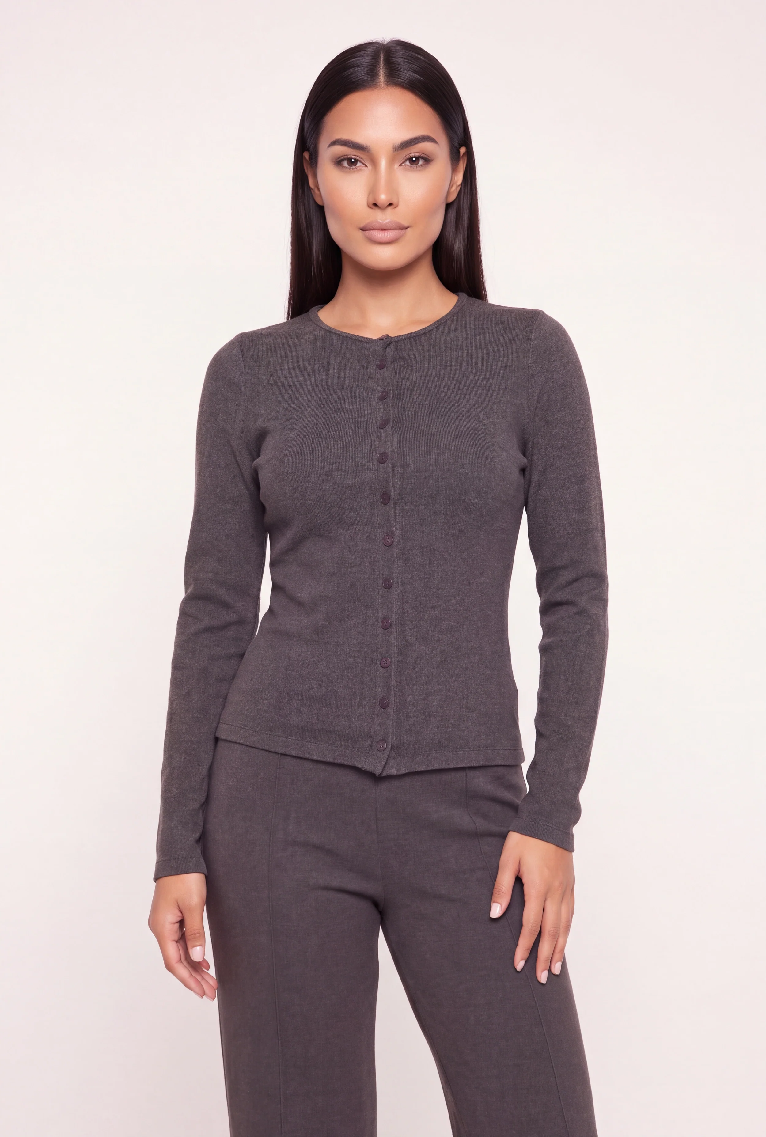 Brushed Knit Long Sleeve Button Front Top