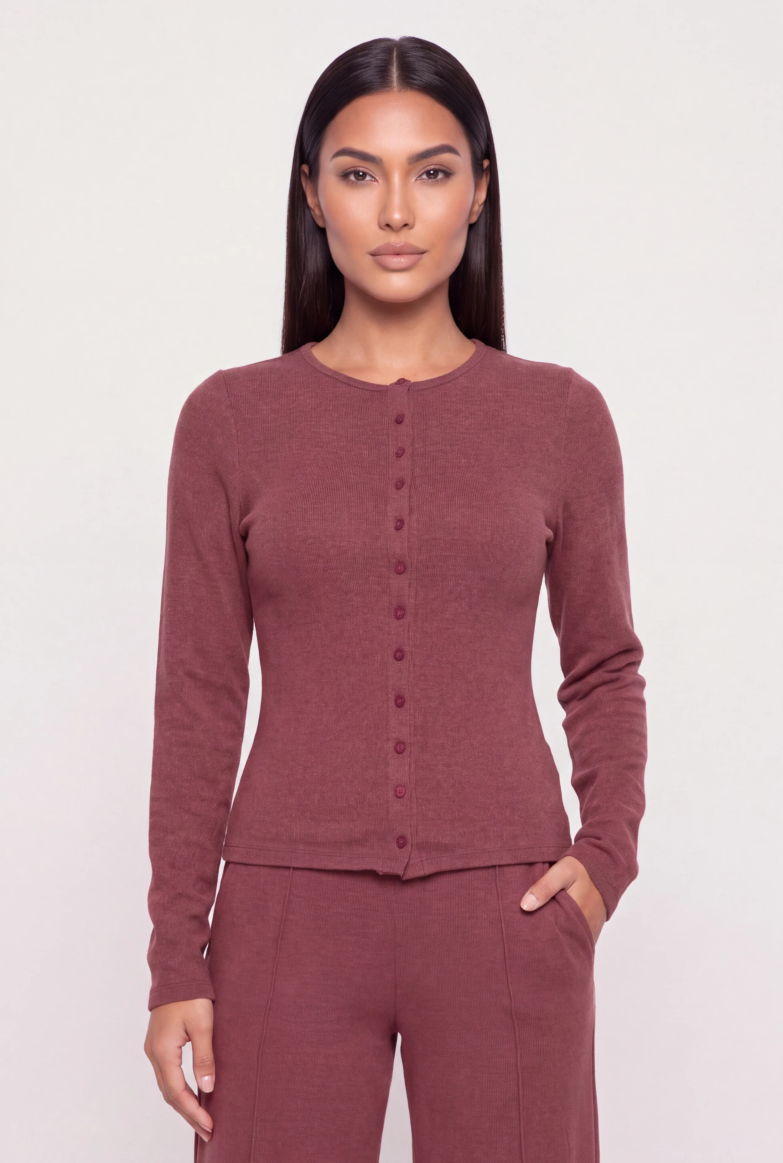 Brushed Knit Long Sleeve Button Front Top