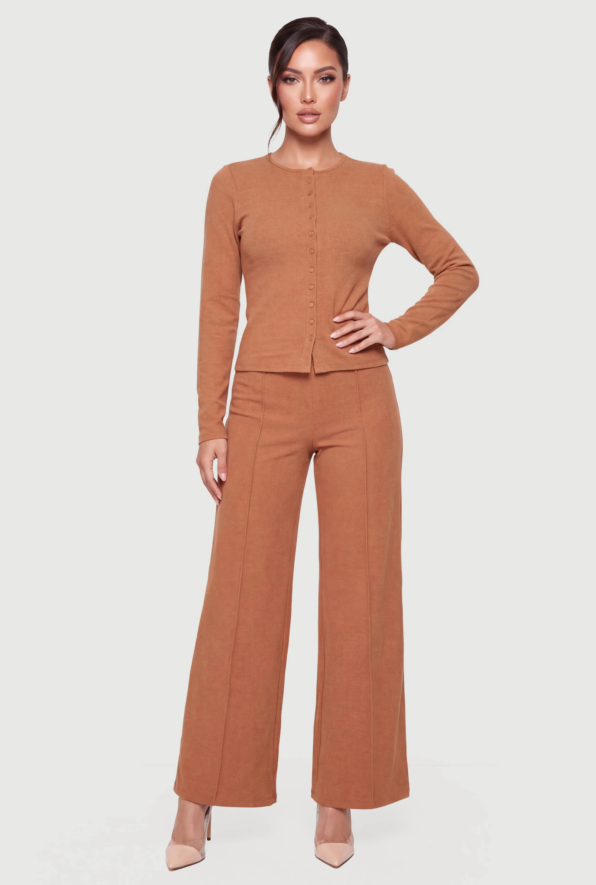 Brushed Knit Wide Leg Pintuck Pull On Pants