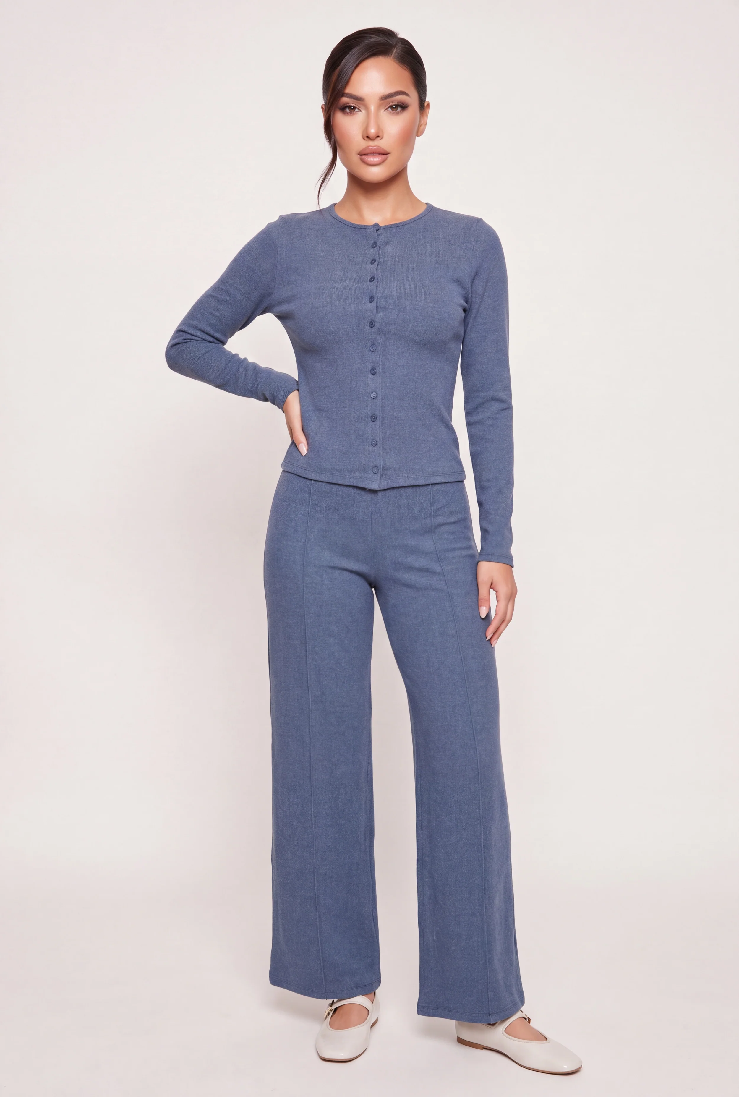 Brushed Knit Wide Leg Pintuck Pull On Pants