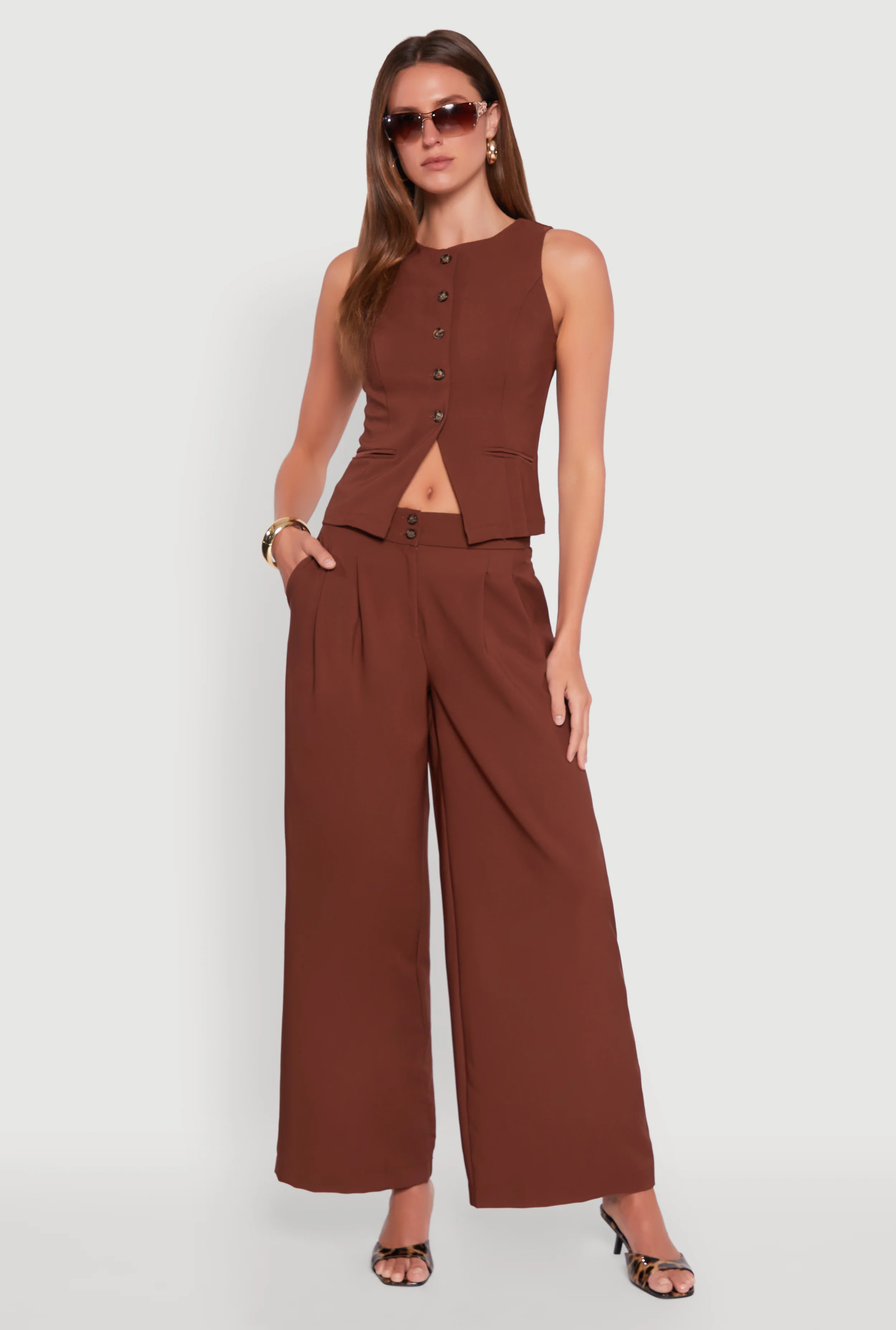 Solid Crepe Knit Pleated Detail Wide Leg Trousers
