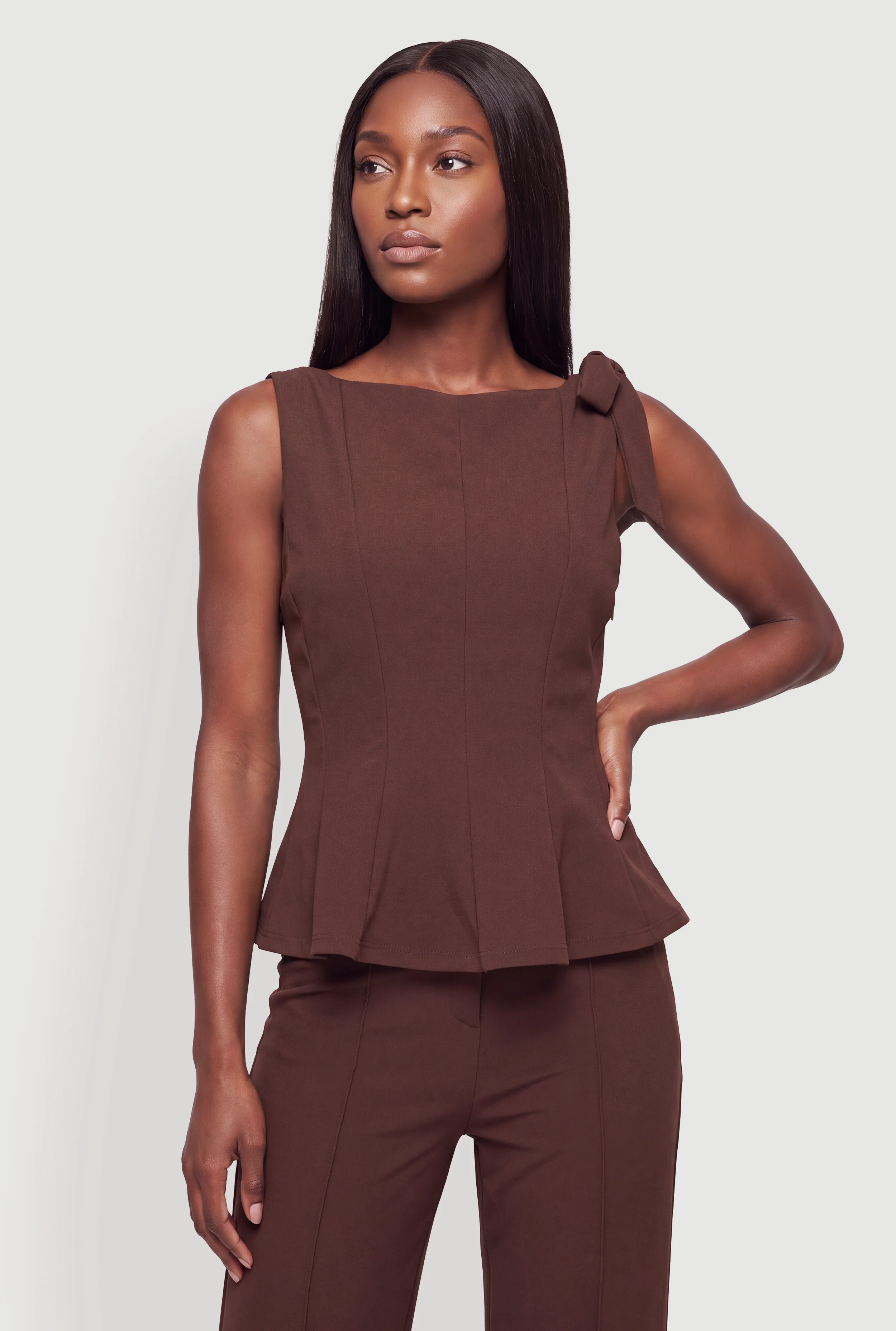 Shoulder Tie Pintuck Detail Peplum Top