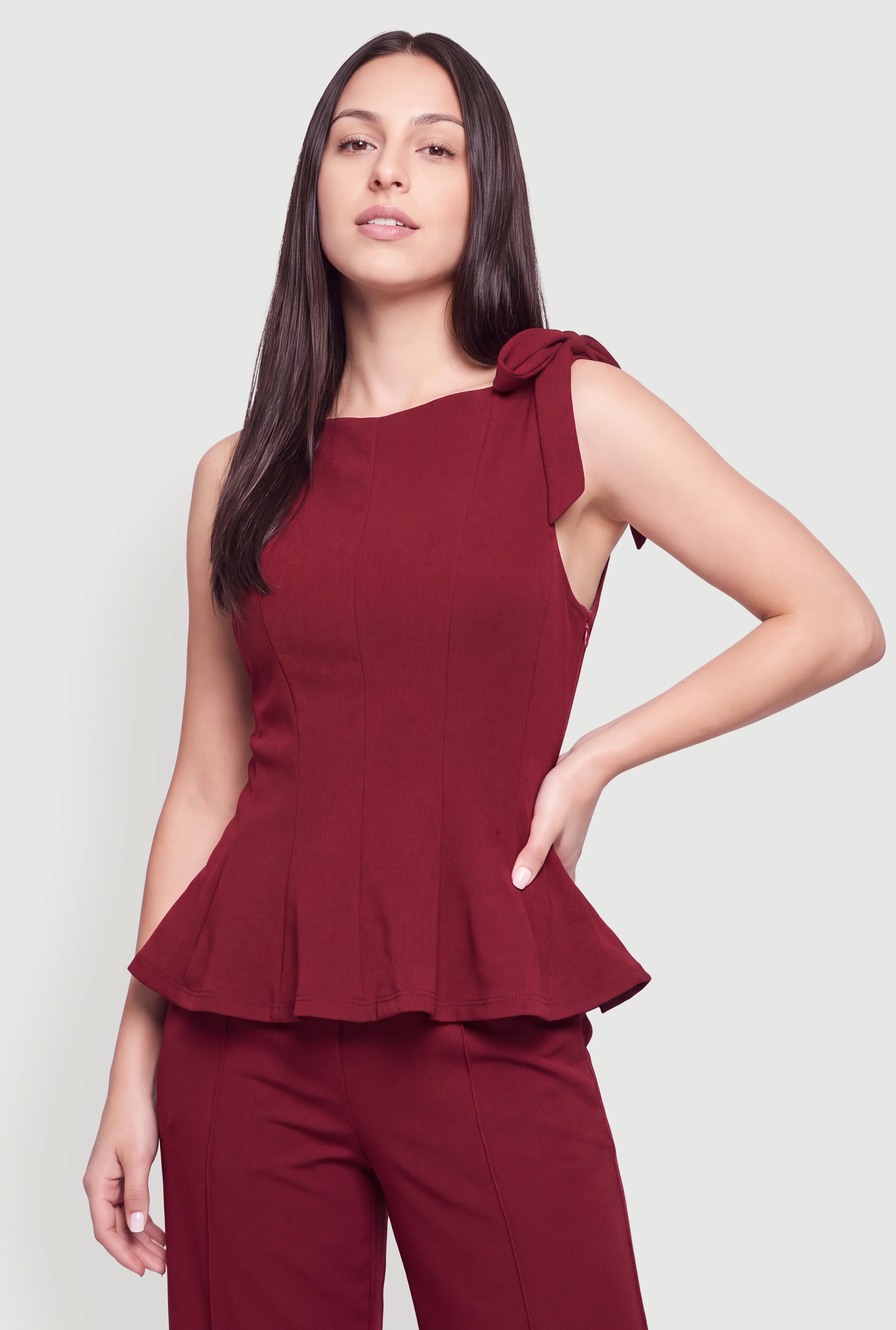 Shoulder Tie Pintuck Detail Peplum Top