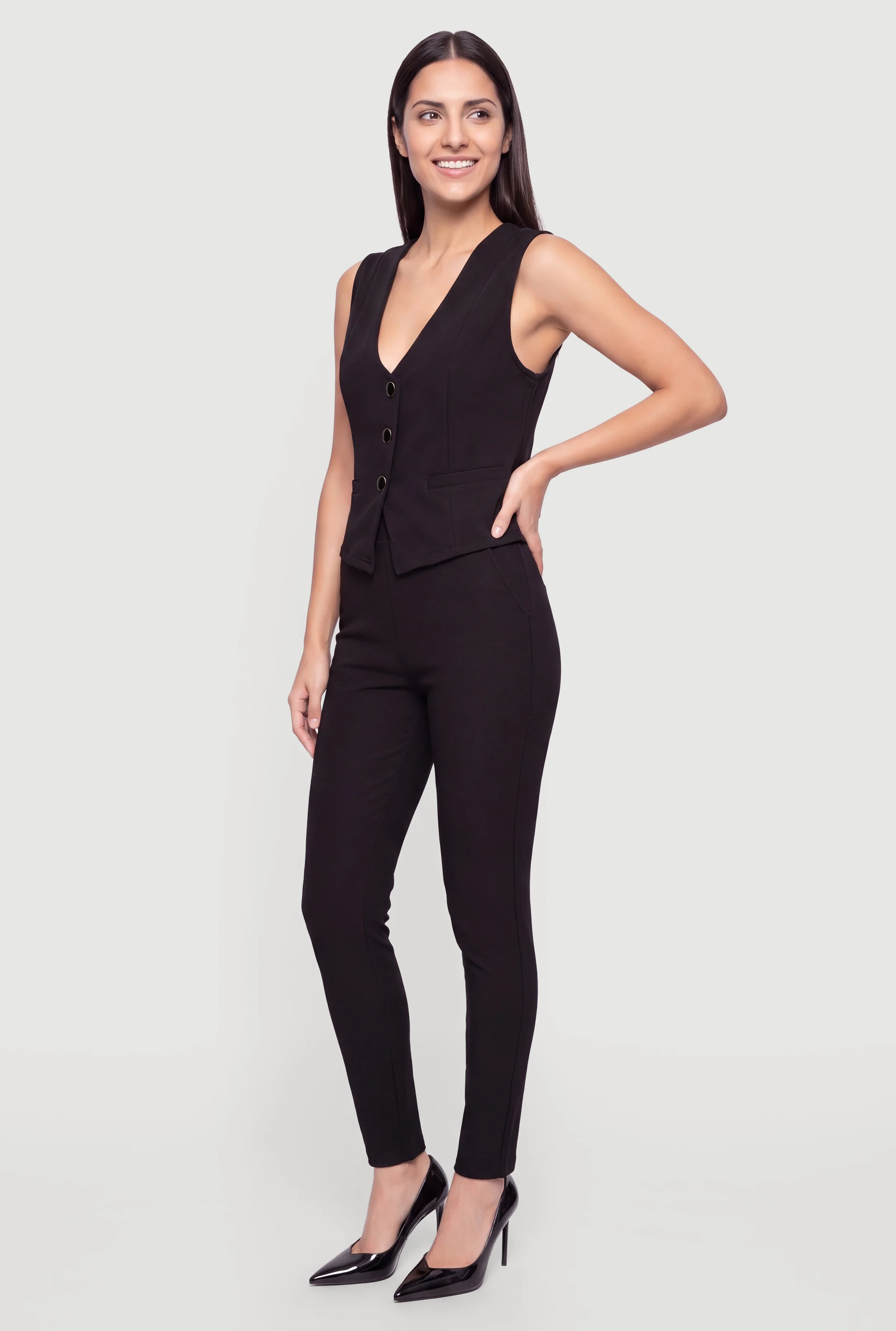 Scuba Metallic Button Front Blazer Vest and Dress Pants