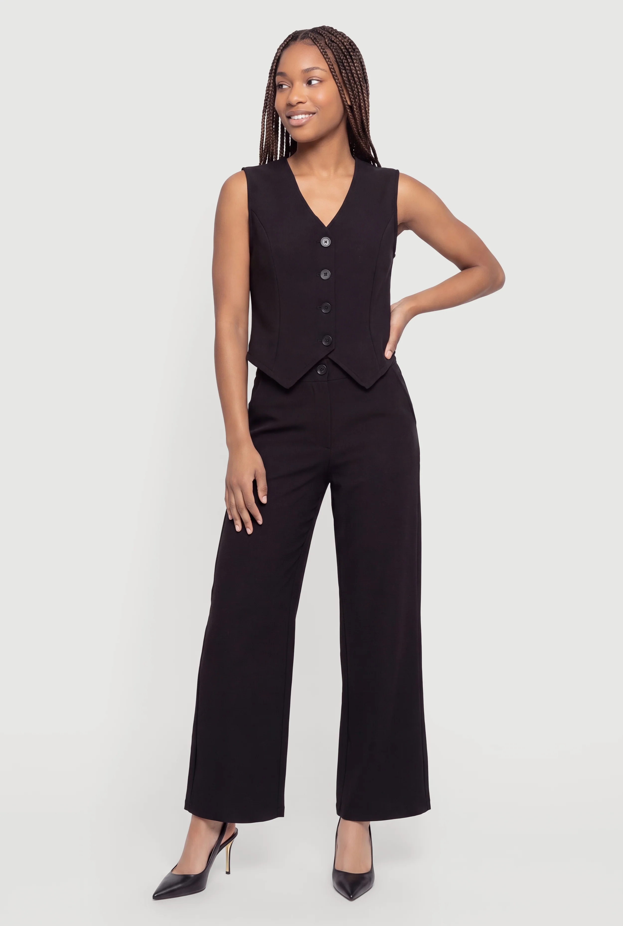 Scuba Button Front Blazer Vest and Wide Leg Pants