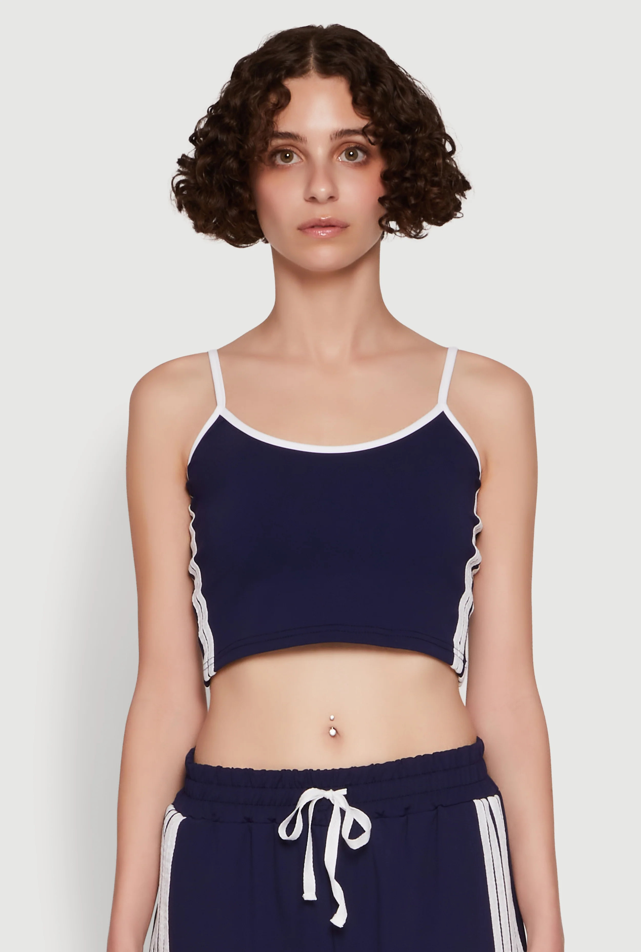 Stylish Contrast Trim Cropped Cami with Varsity Stripes