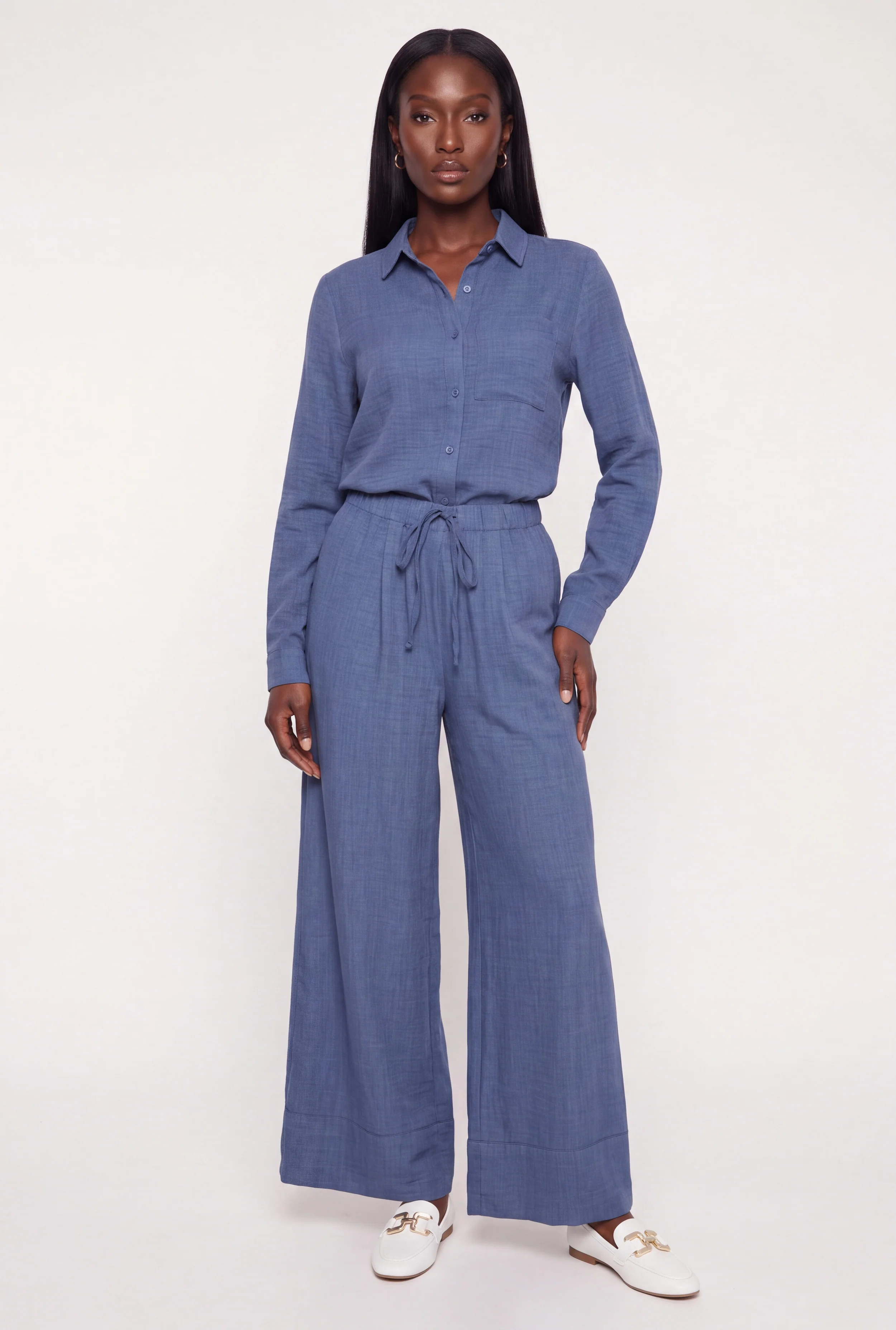Crepe Knit Drawstring Waist Wide Leg Pull On Pants