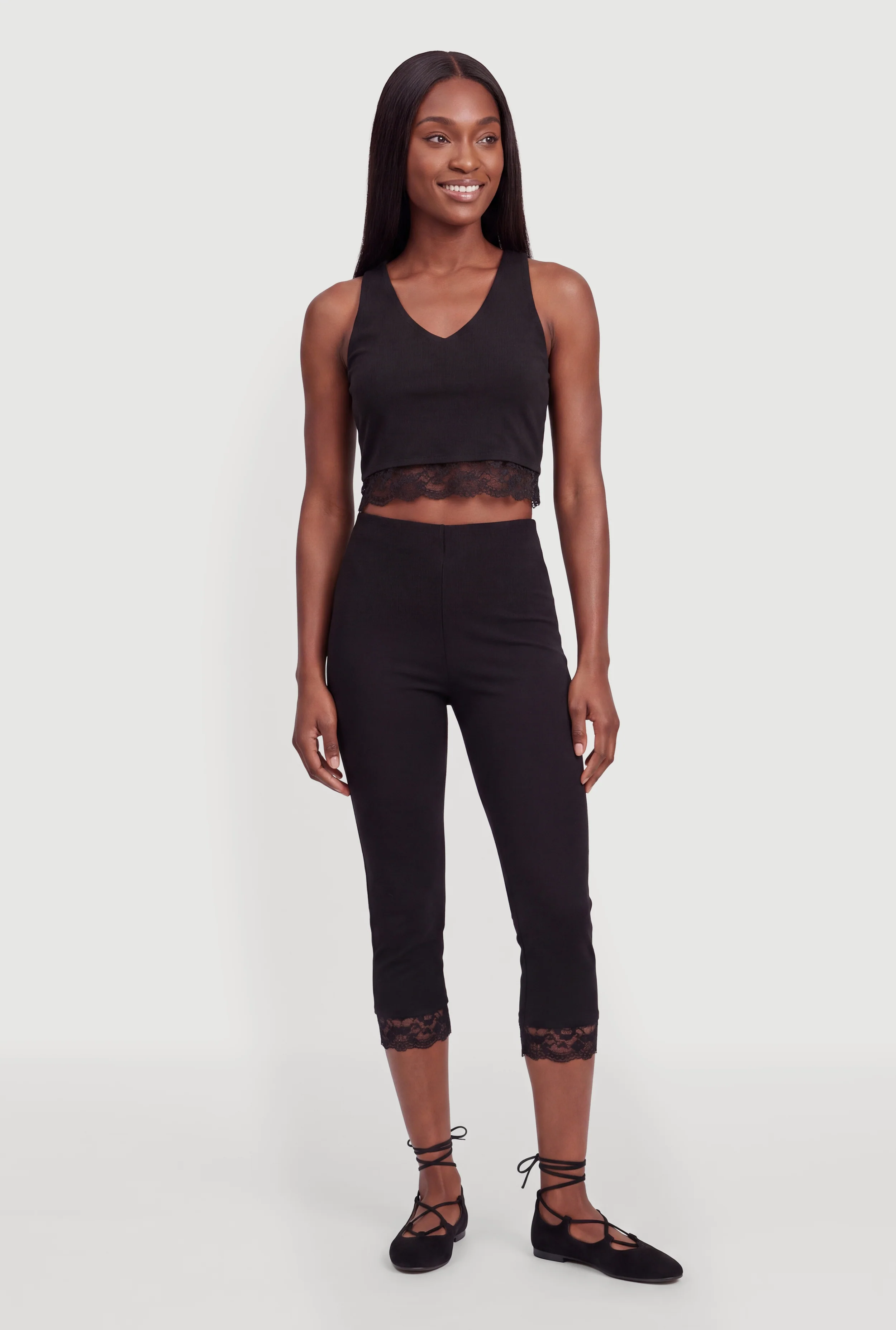 Lace Trim Crop Halter Top and High Waisted Capris Set