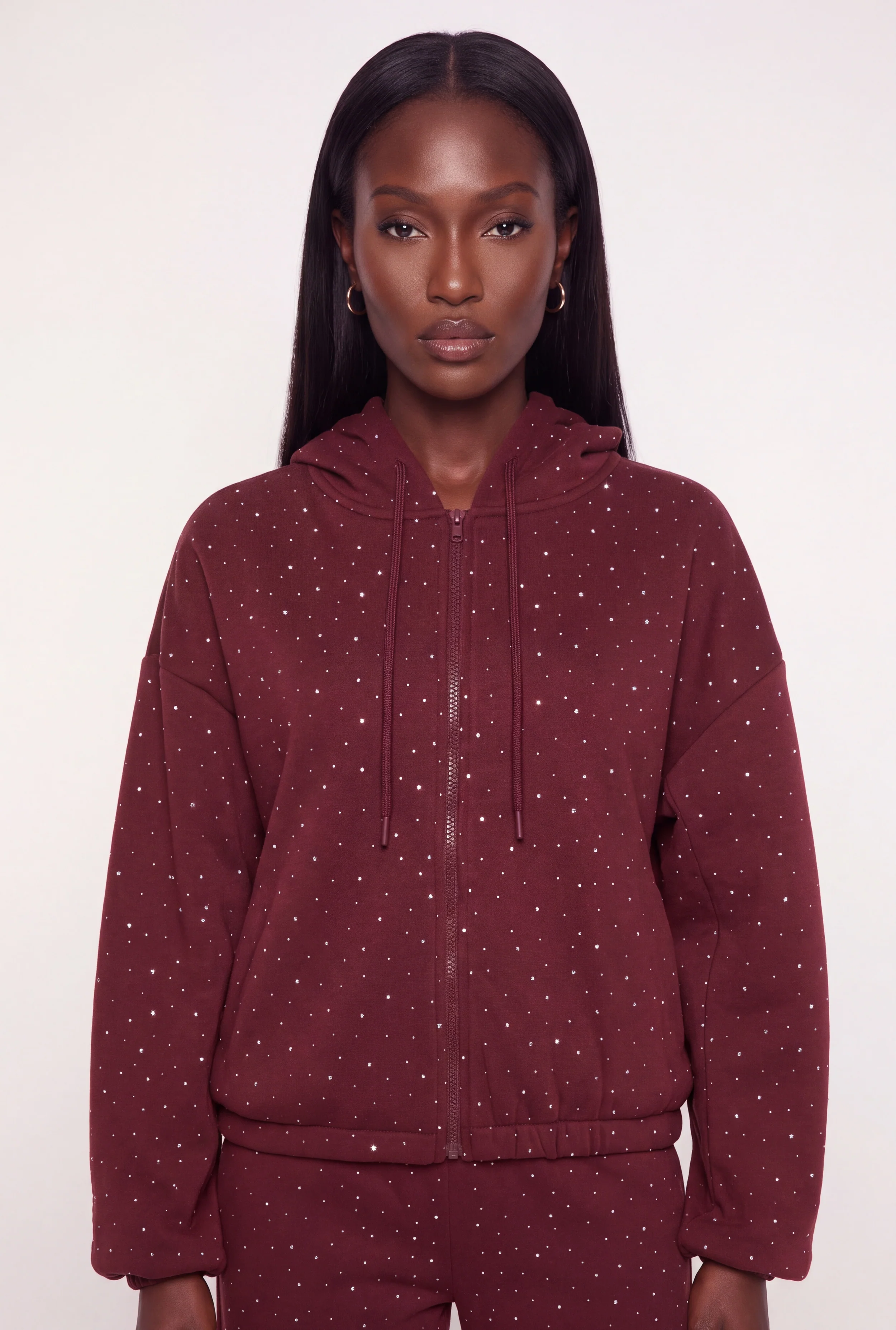 Rhinestone Fleece Lined Zip Front Hoodie