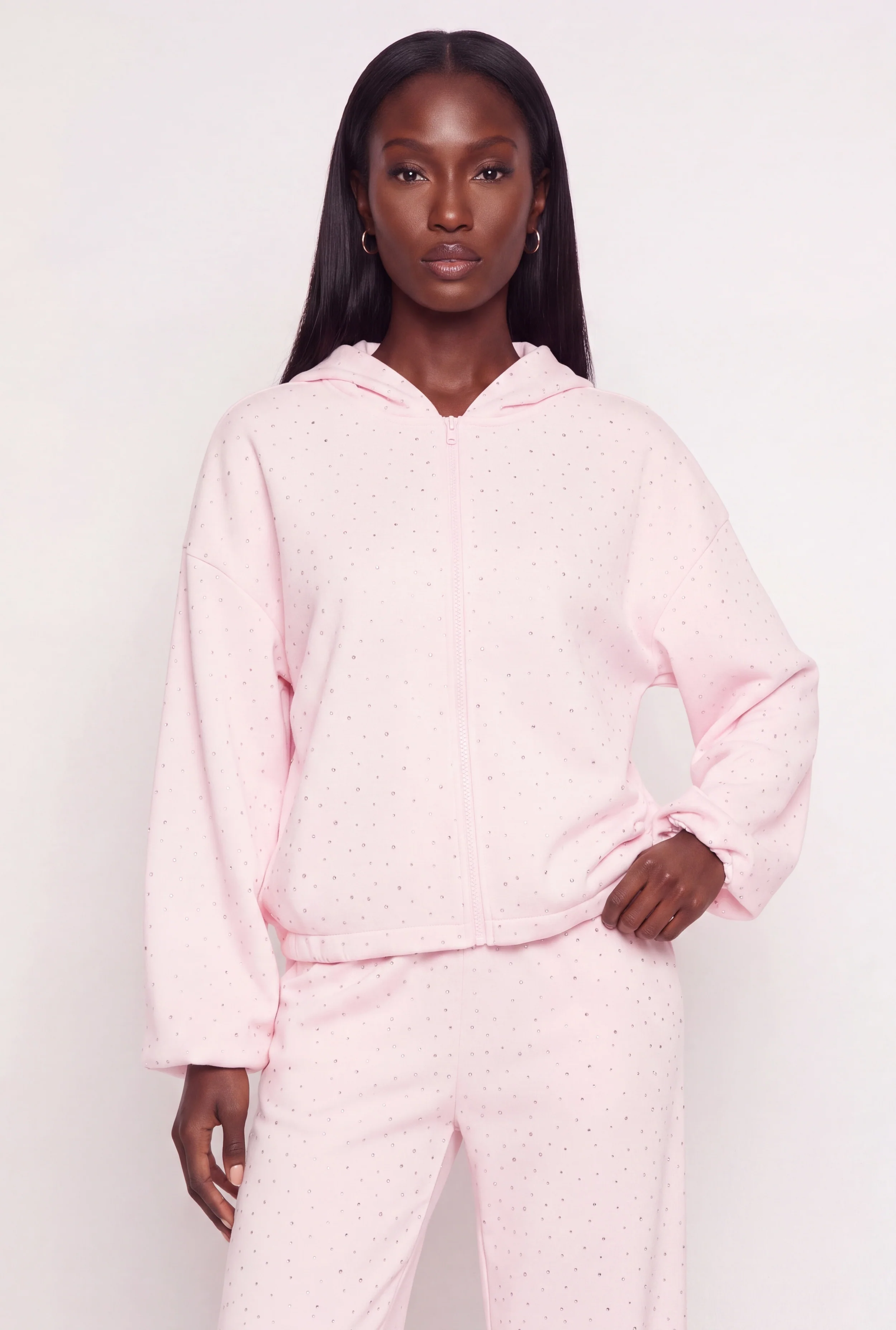Rhinestone Fleece Lined Zip Front Hoodie