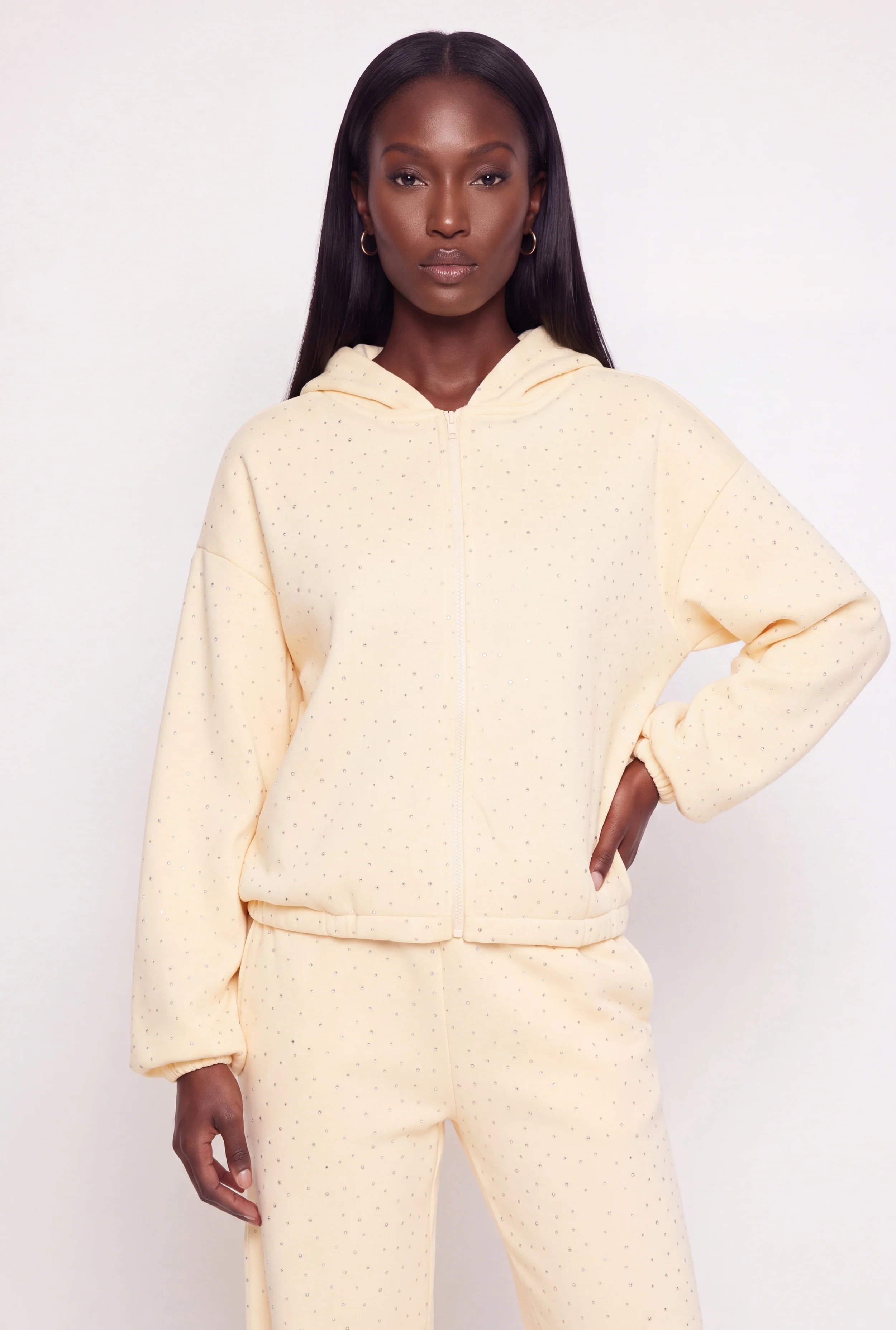 Rhinestone Fleece Lined Zip Front Hoodie