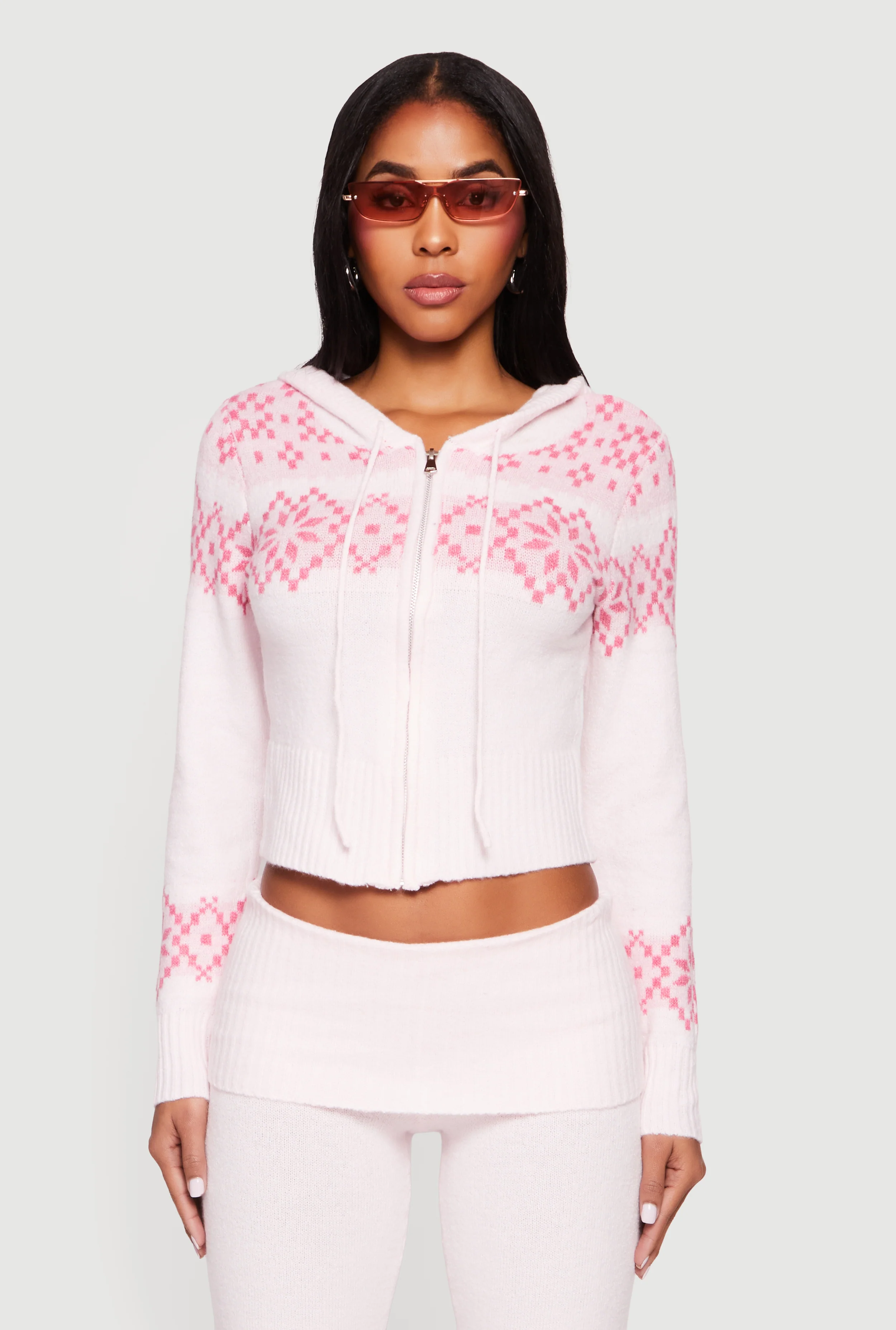 Almost Famous Fair Isle Zip Front Cropped Hooded Sweater