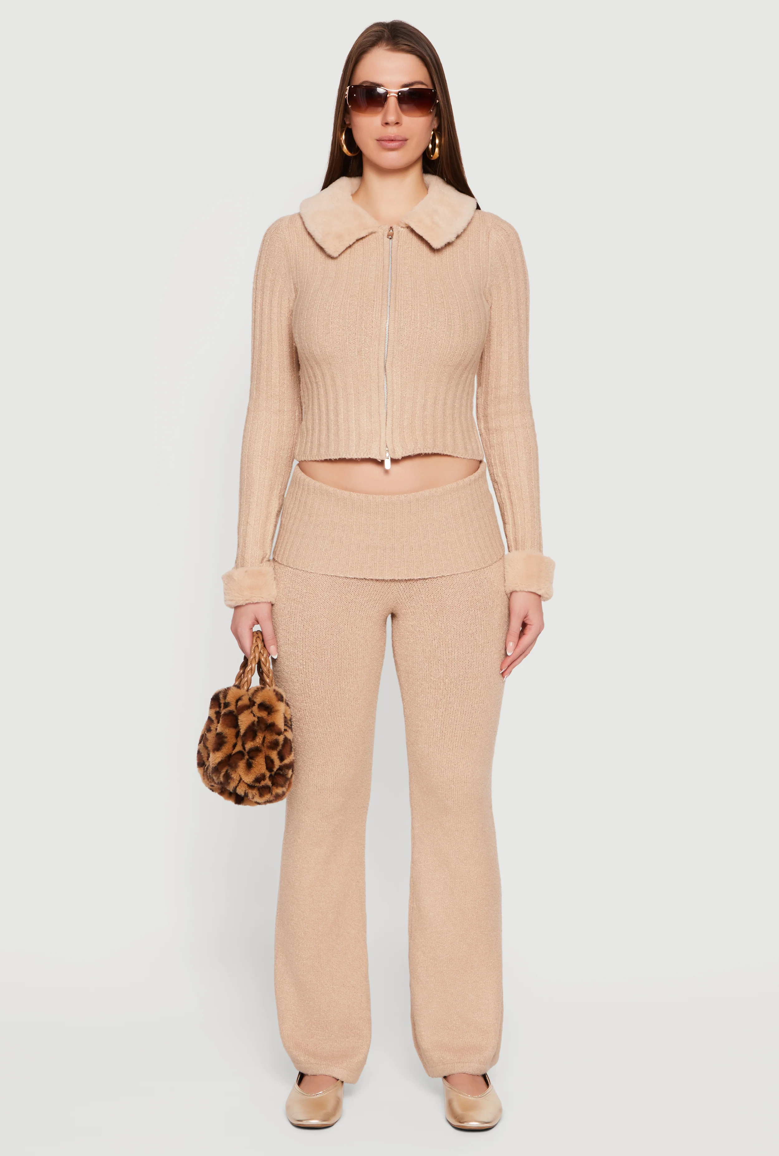 Almost Famous Knitted Flare Leg Fold Over Pants