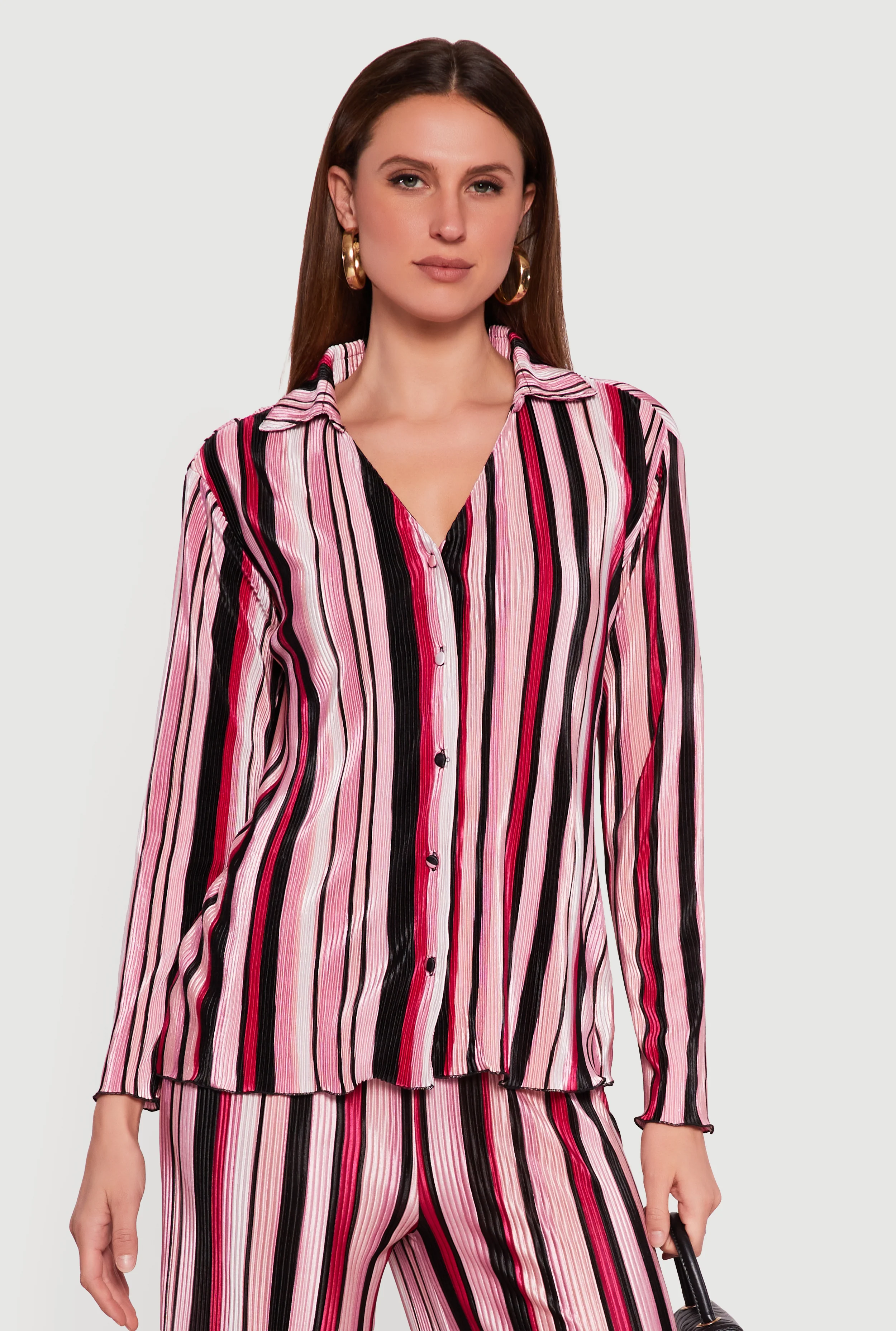 Collared Long Sleeve Striped Plisse Shirt