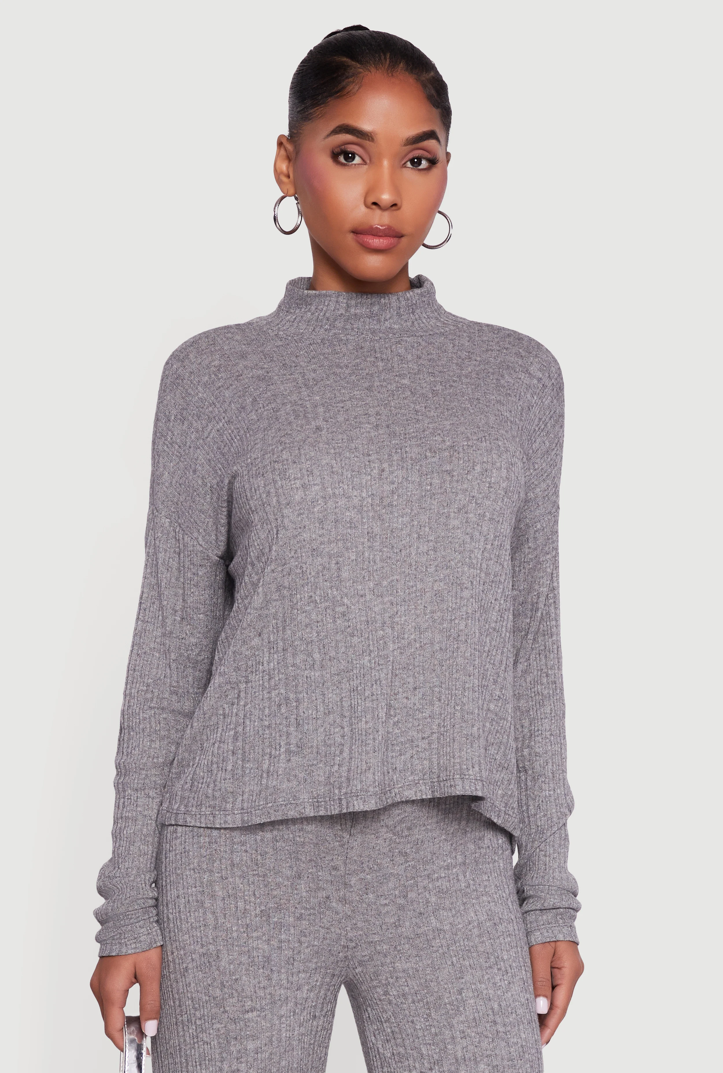 Marled Rib Knit Mock Neck Long Sleeve Blouse