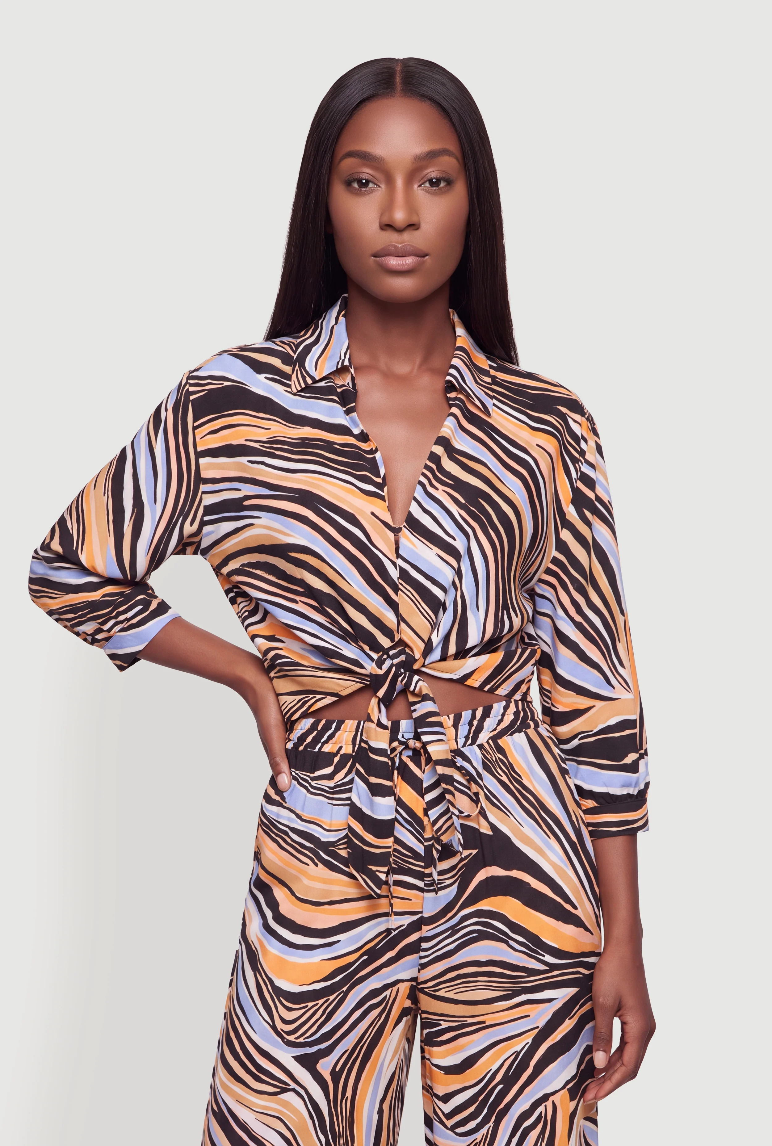 Swirl Printed Knot Front Collared Blouse