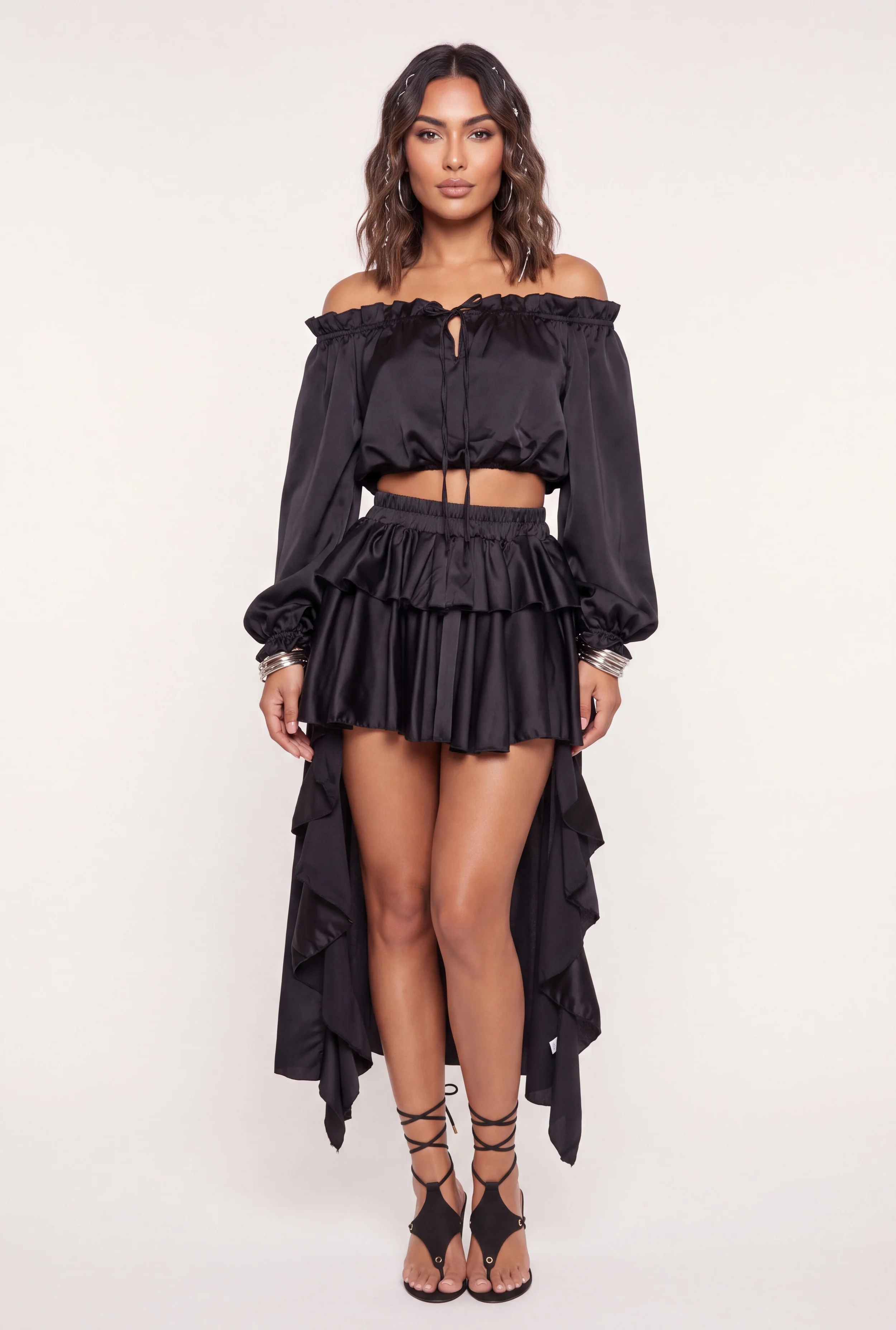 Satin Ruffle Tiered High Low Skirt