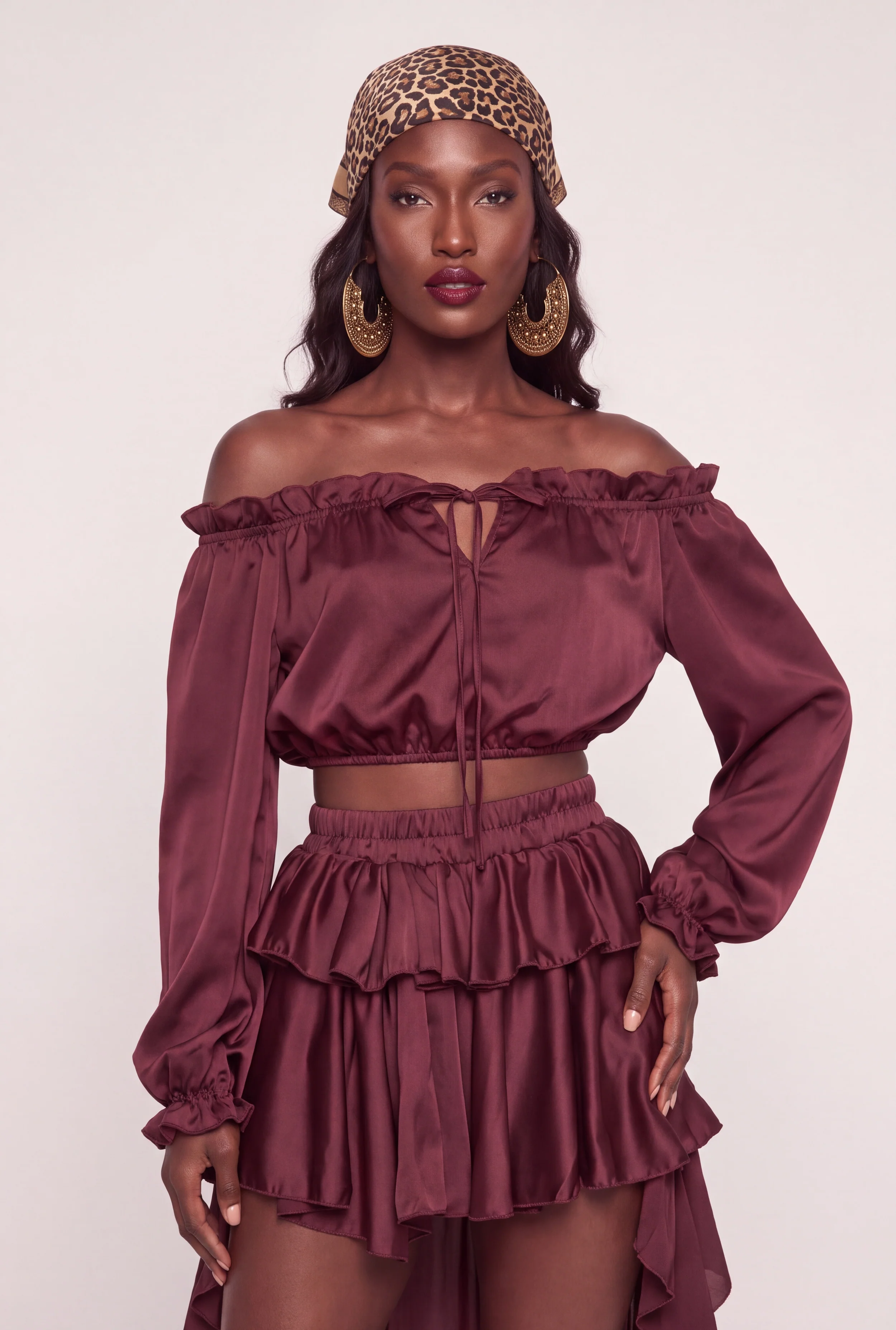 Off The Shoulder Ruffle Trim Tie Front Satin Crop Top