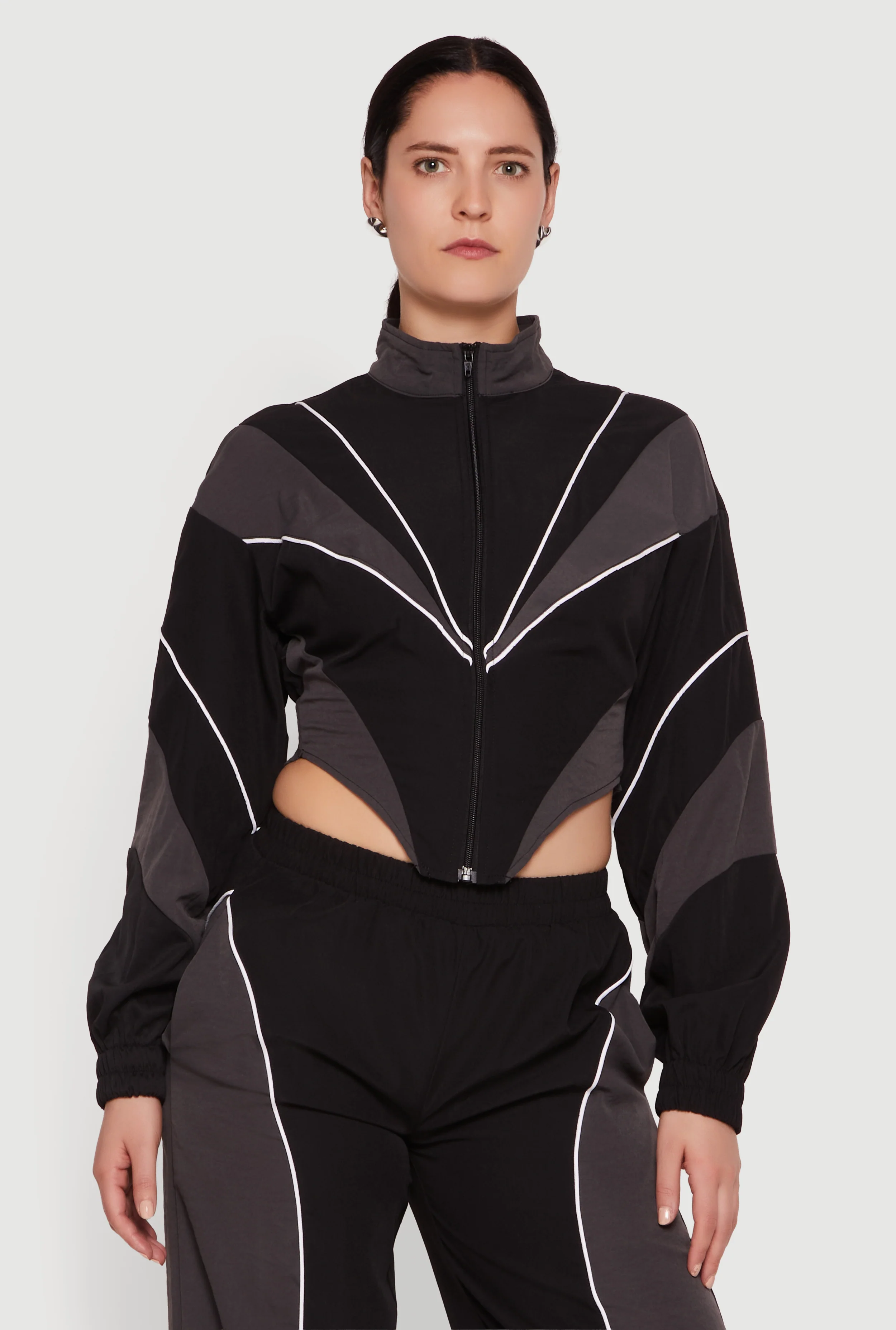 Color Blocked Zip Front Cropped Jacket with Contrast Piping