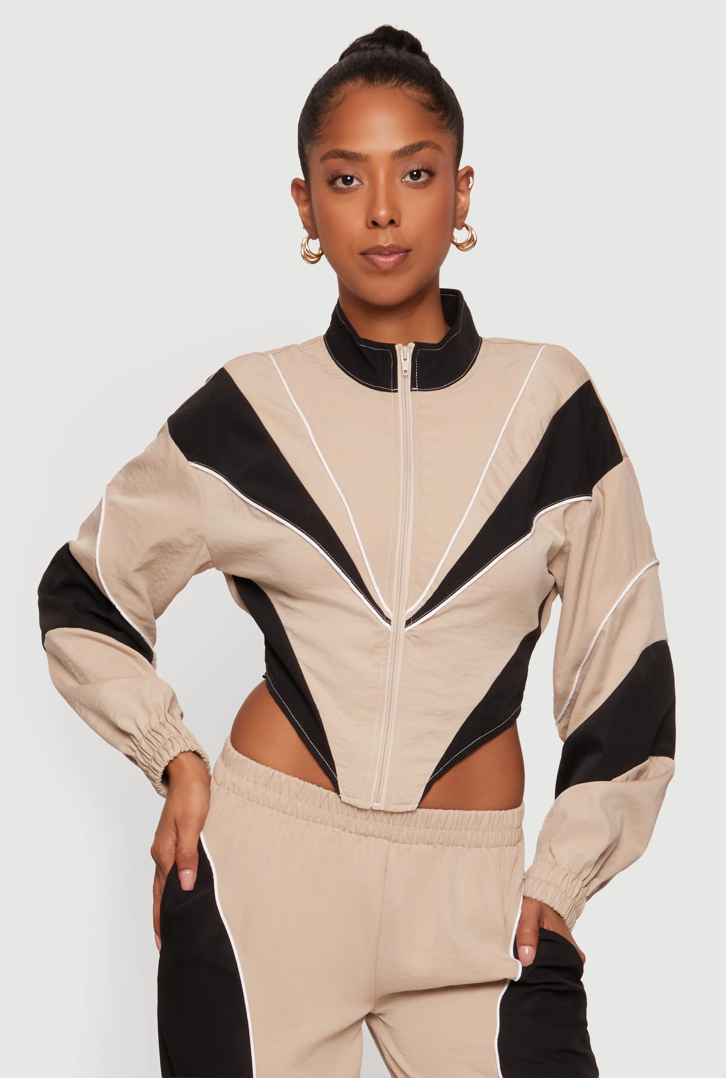 Color Blocked Zip Front Cropped Jacket with Contrast Piping