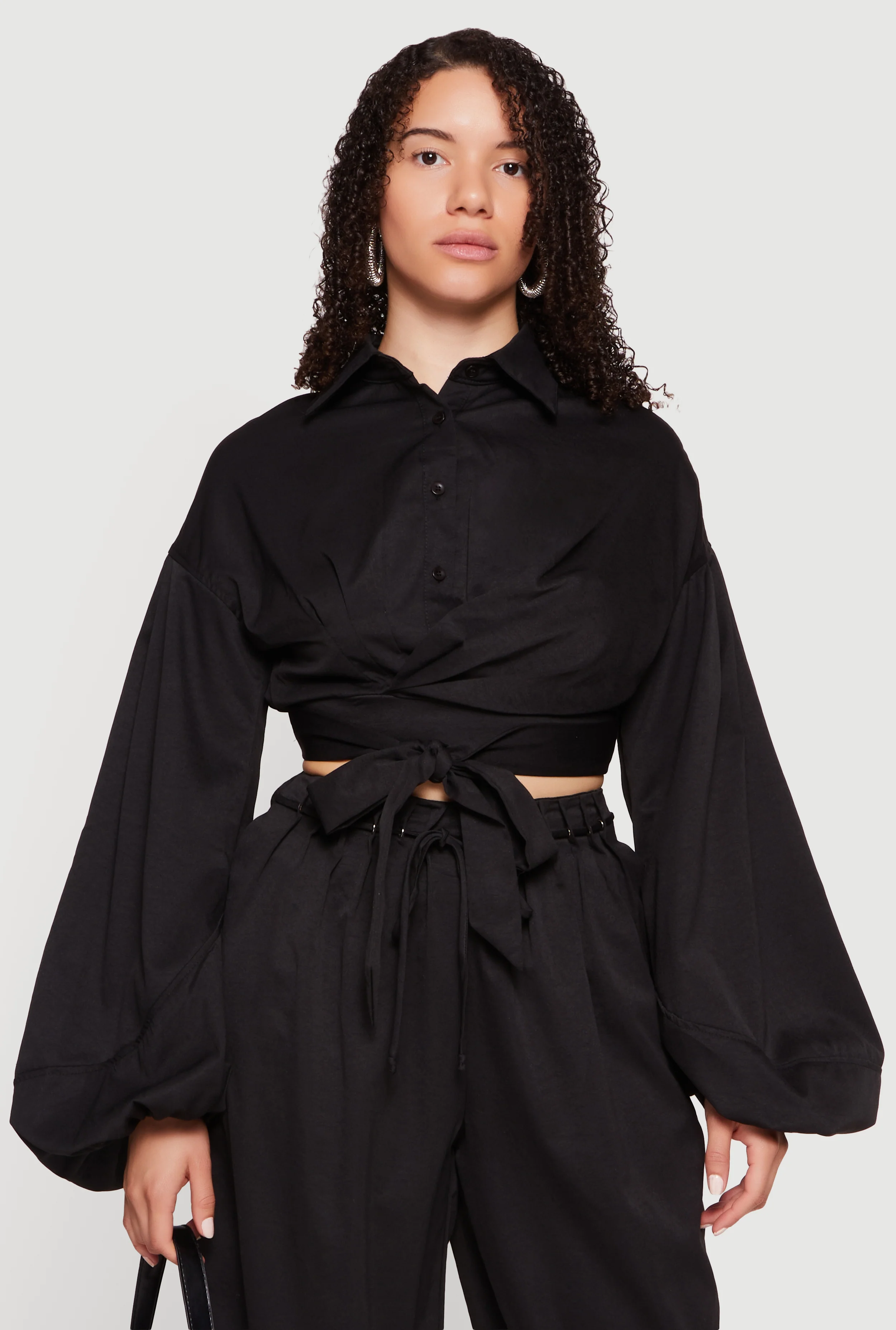 Faux Wrap Balloon Sleeve Cropped Shirt