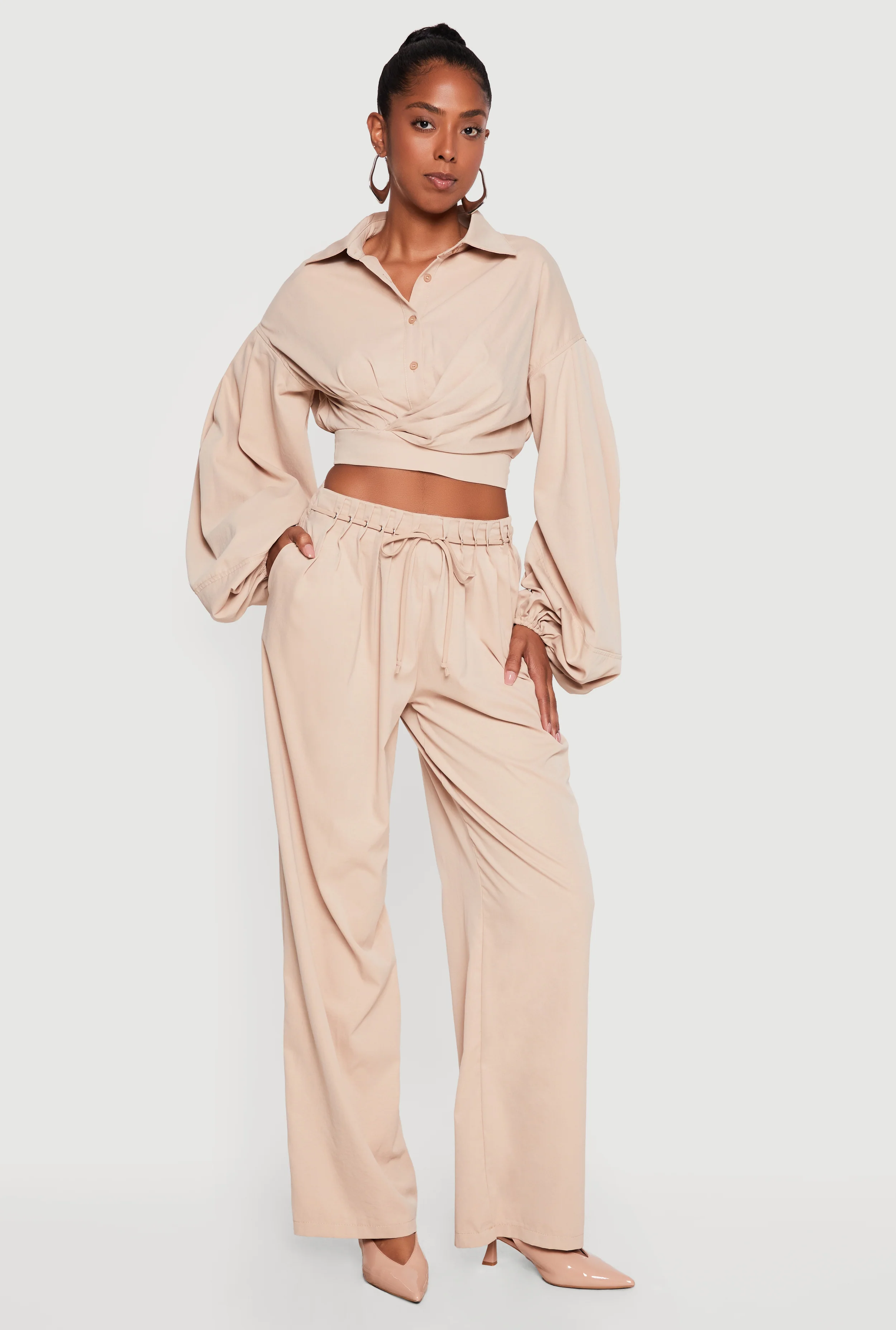 Grommet Detail Tie Waist Wide Leg Pants