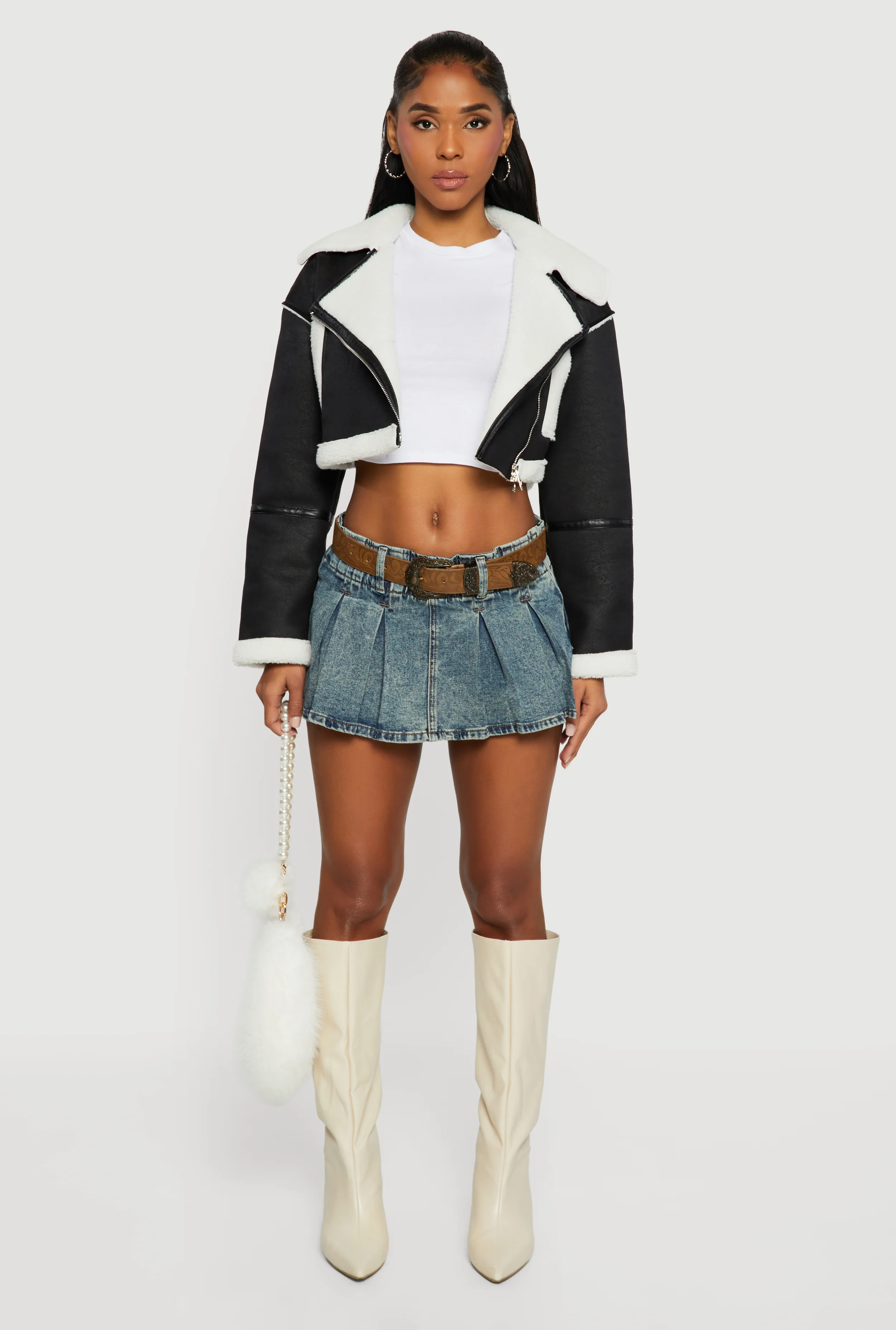 Faux Suede Sherpa Lined Cropped Moto Jacket