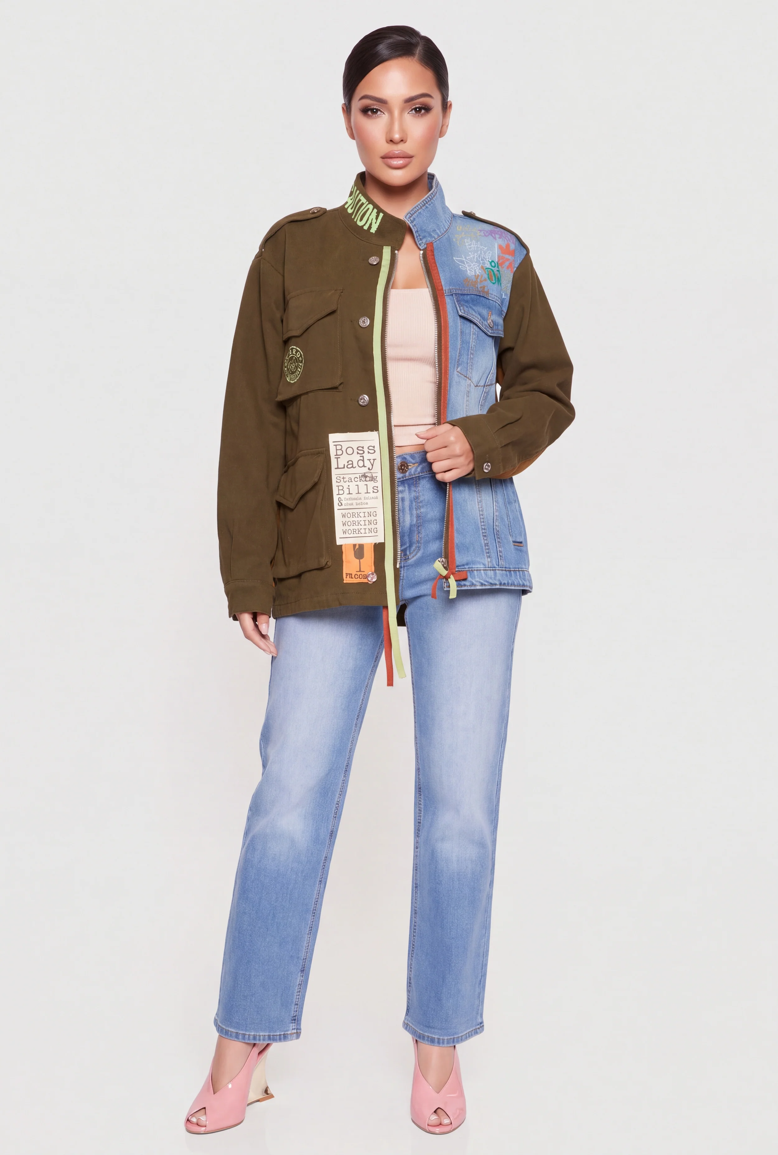 Boss Lady Graphic Color Blocked Cargo Pocket Jean Jacket