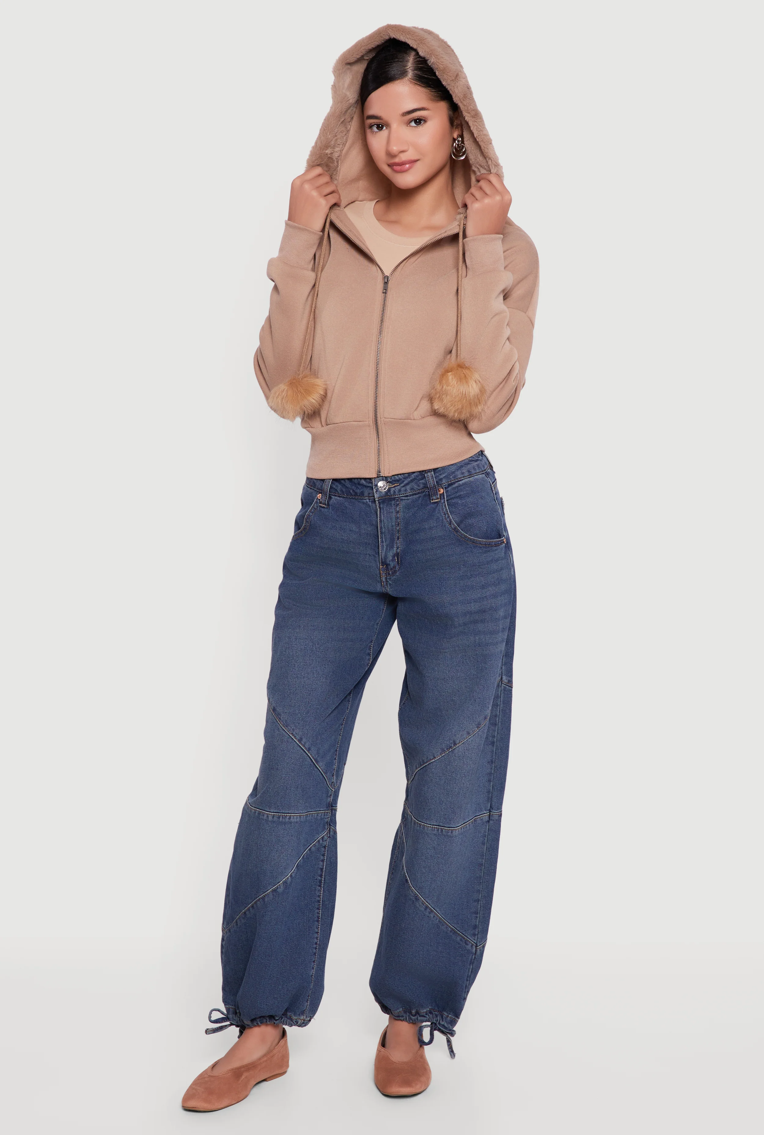 Faux Fur Trim Zip Front Hoodie with Pom Poms