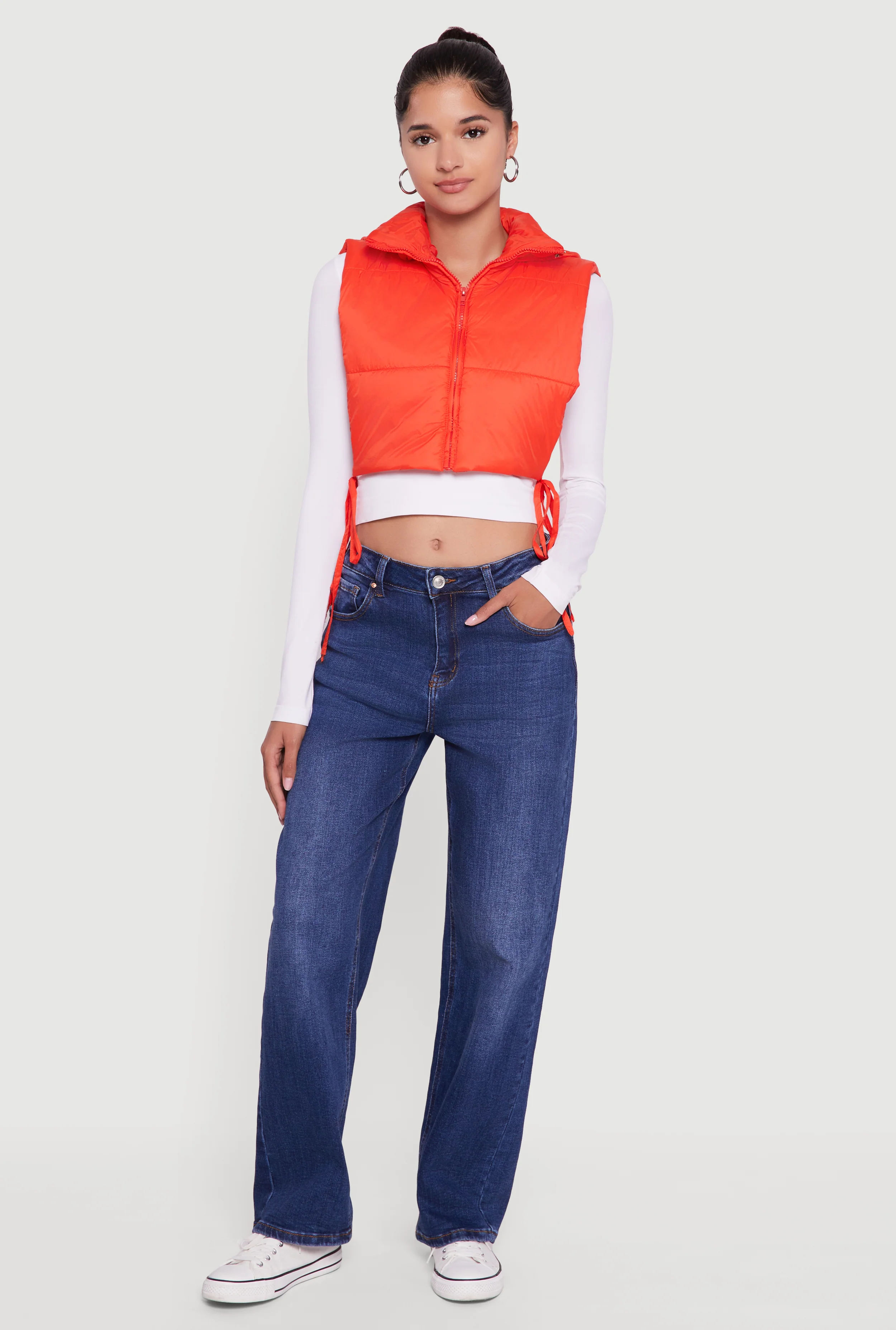 Hooded Cropped Puffer Vest with Open Tie Sides