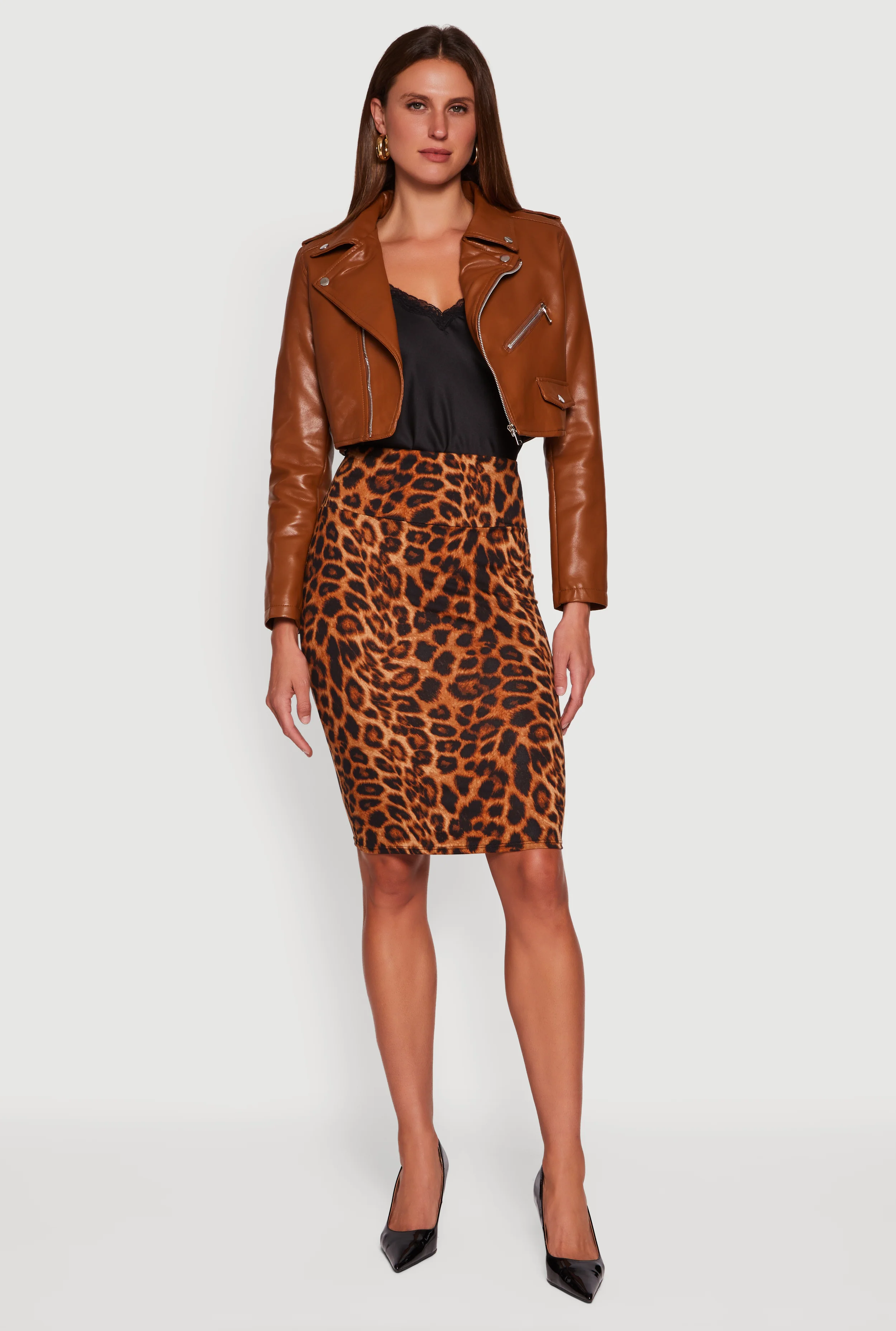 Faux Leather Long Sleeve Cropped Moto Jacket